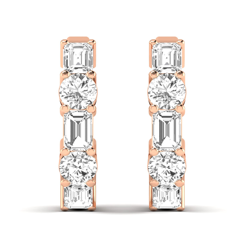 Stylish emerald cut and round shared prong hoop earrings featuring a stunning combination of emerald-cut and round diamonds, set in a sleek prong setting | Rose Gold | Front View