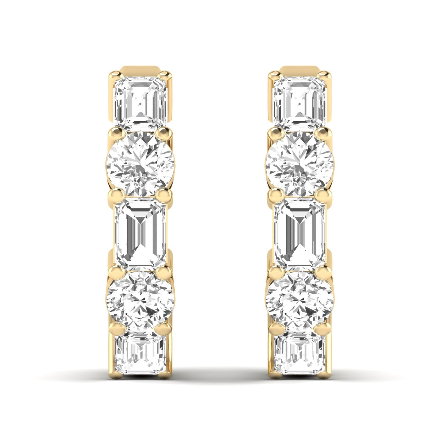 Stylish emerald cut and round shared prong hoop earrings featuring a stunning combination of emerald-cut and round diamonds, set in a sleek prong setting | Yellow Gold | Front View