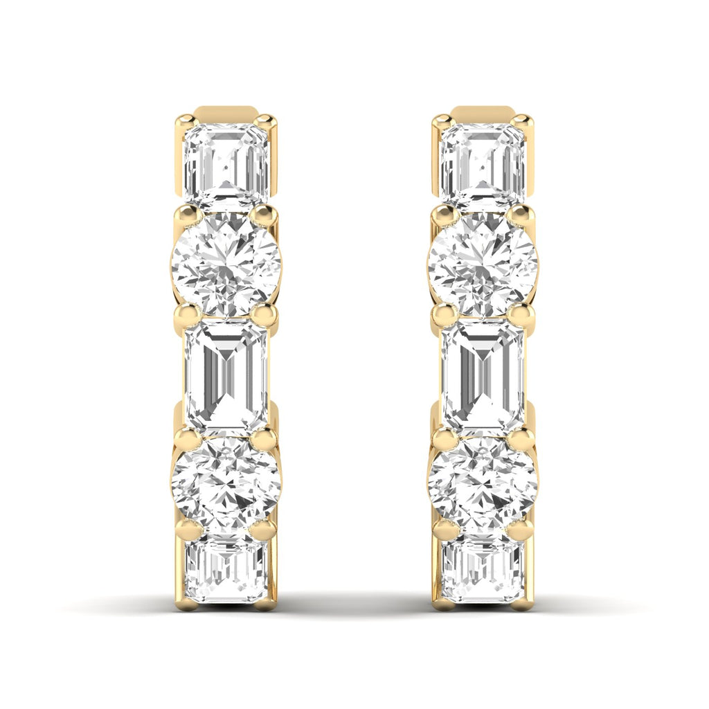 Stylish emerald cut and round shared prong hoop earrings featuring a stunning combination of emerald-cut and round diamonds, set in a sleek prong setting | Yellow Gold | Front View