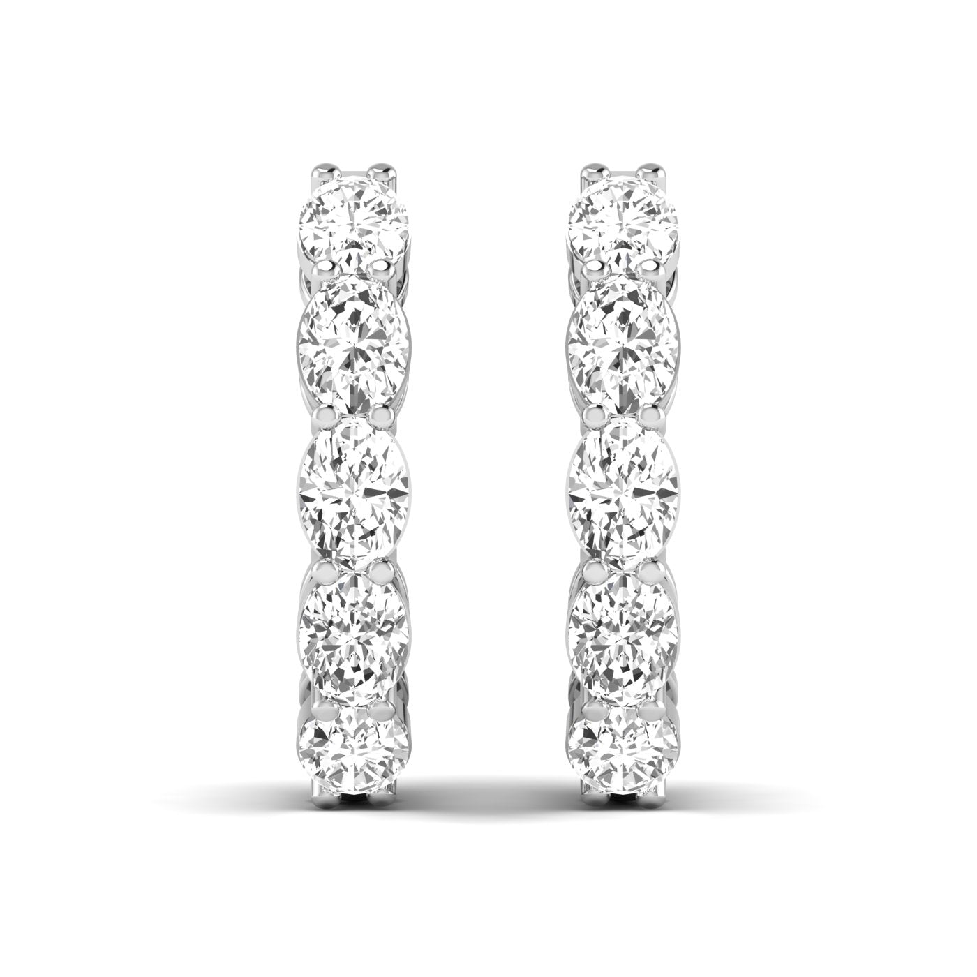 Elegant oval shared prong diamond hoop earrings featuring radiant oval diamonds set securely in a sleek prong design, offering a timeless and sophisticated look | White Gold | Front View