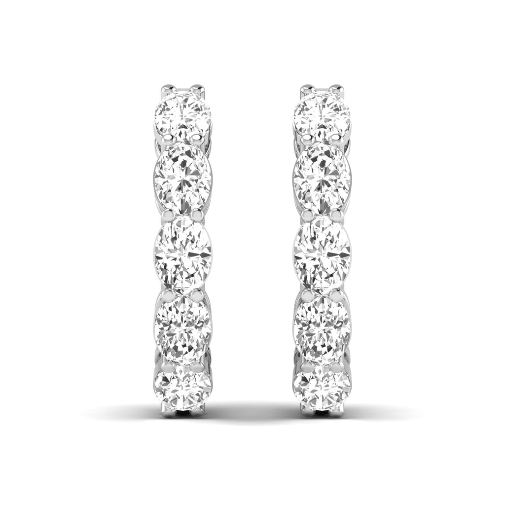 Elegant oval shared prong diamond hoop earrings featuring radiant oval diamonds set securely in a sleek prong design, offering a timeless and sophisticated look | White Gold | Front View