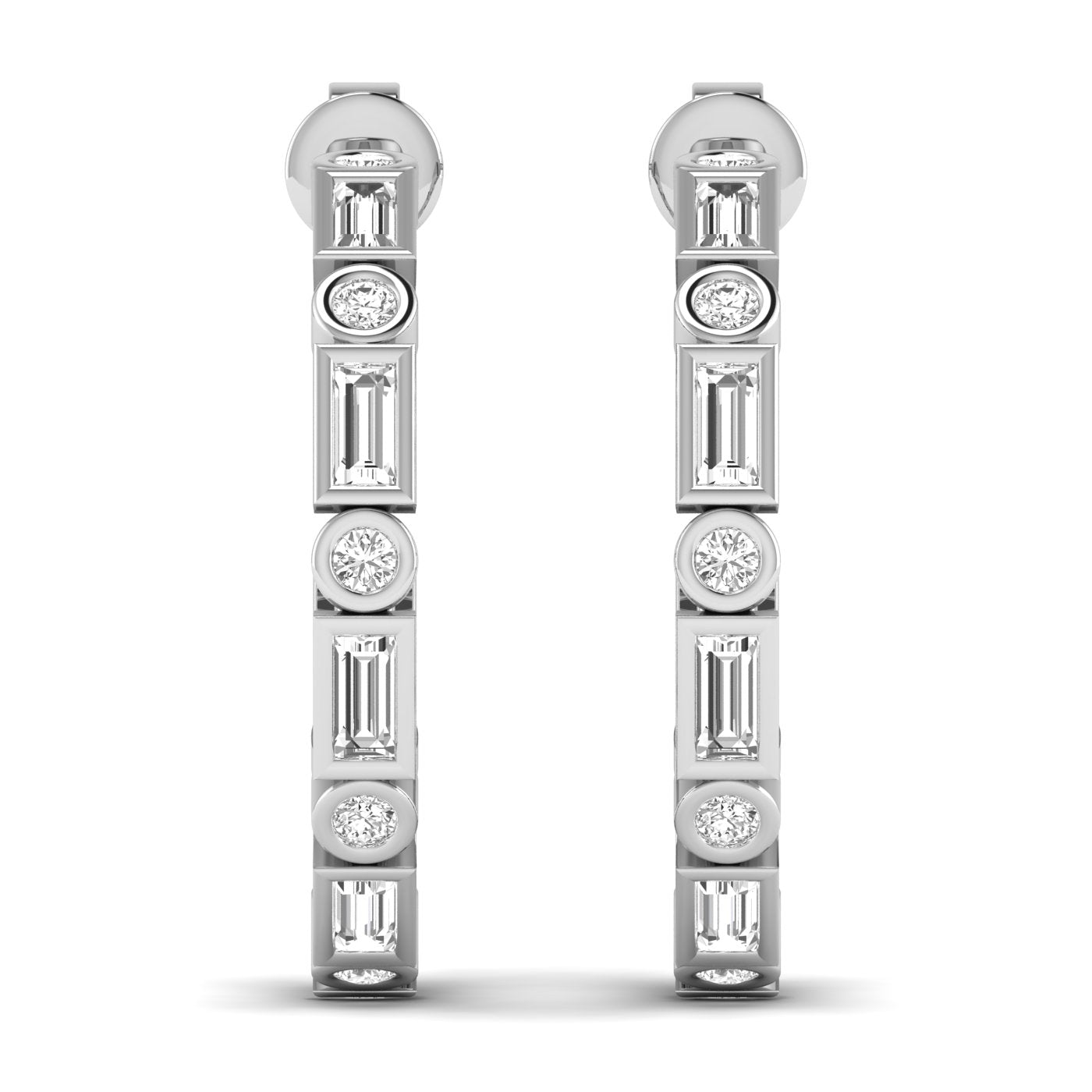 Elegant emerald cut and round bezel diamond hoop earrings featuring a mix of emerald and round diamonds set in sleek bezel settings for a sophisticated design | White Gold | Front View