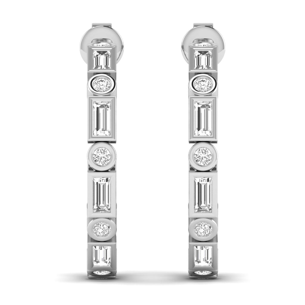 Elegant emerald cut and round bezel diamond hoop earrings featuring a mix of emerald and round diamonds set in sleek bezel settings for a sophisticated design | White Gold | Front View