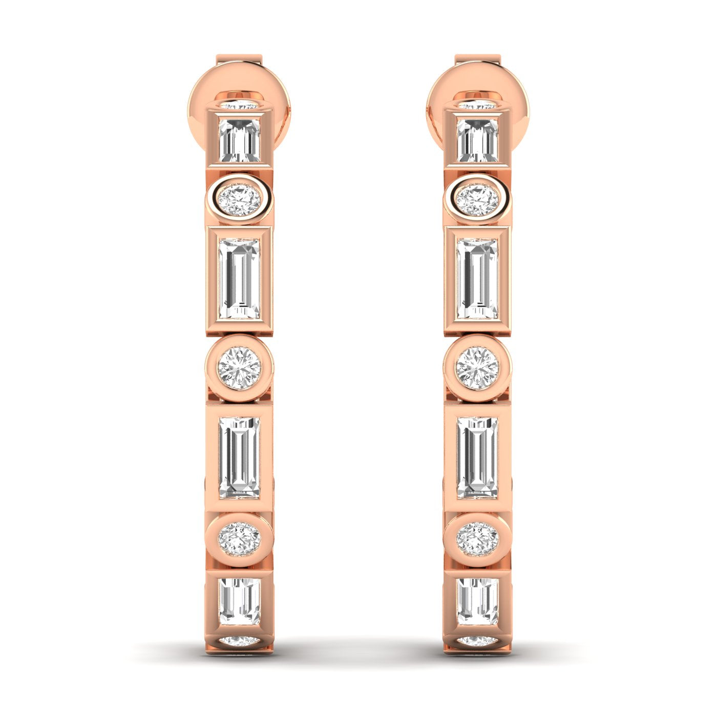 Elegant emerald cut and round bezel diamond hoop earrings featuring a mix of emerald and round diamonds set in sleek bezel settings for a sophisticated design | Rose Gold | Front View