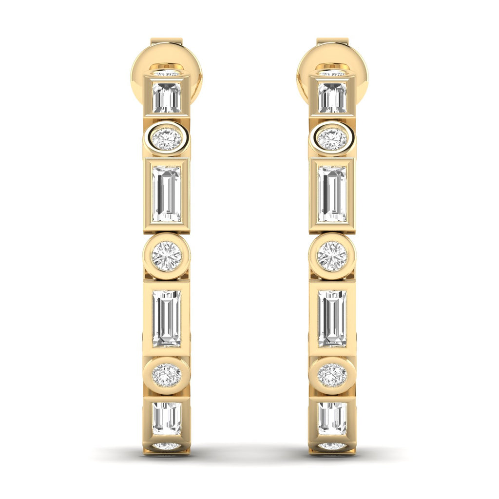 Elegant emerald cut and round bezel diamond hoop earrings featuring a mix of emerald and round diamonds set in sleek bezel settings for a sophisticated design | Yellow Gold | Front View