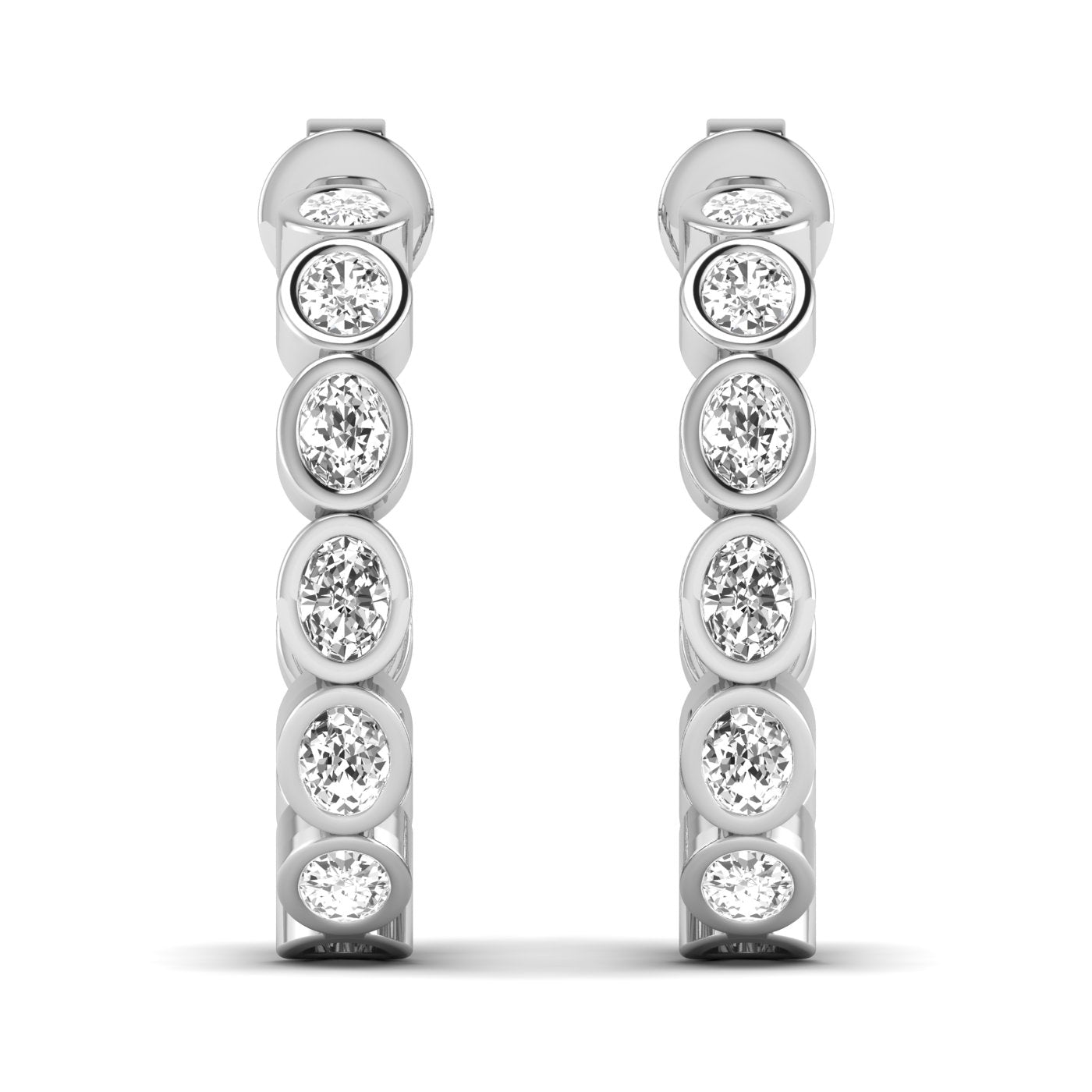 Elegant oval bezel diamond hoop earrings featuring radiant oval diamonds set in sleek bezel settings, offering a modern and sophisticated look | White Gold | Front View