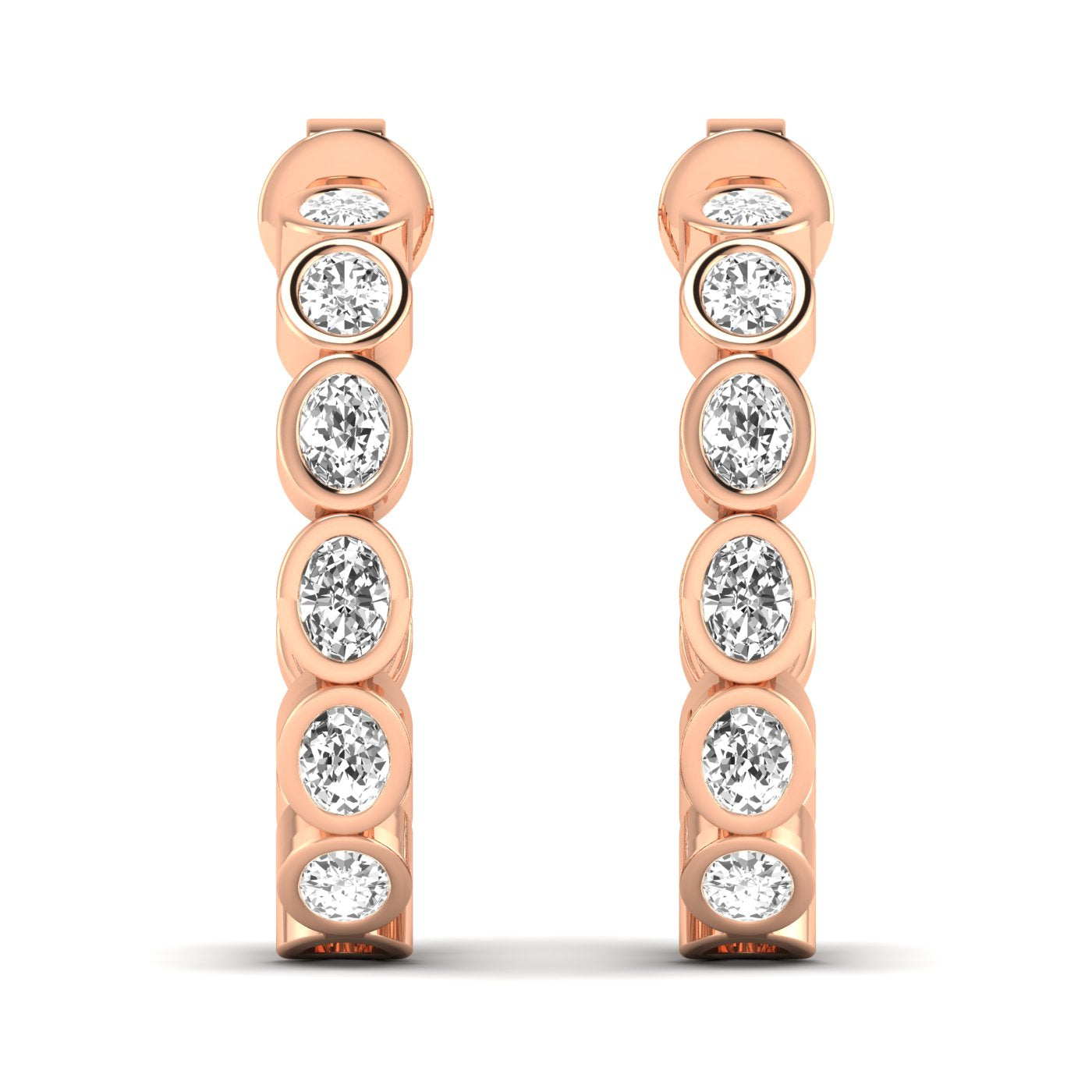 Elegant oval bezel diamond hoop earrings featuring radiant oval diamonds set in sleek bezel settings, offering a modern and sophisticated look | Rose Gold | Front View