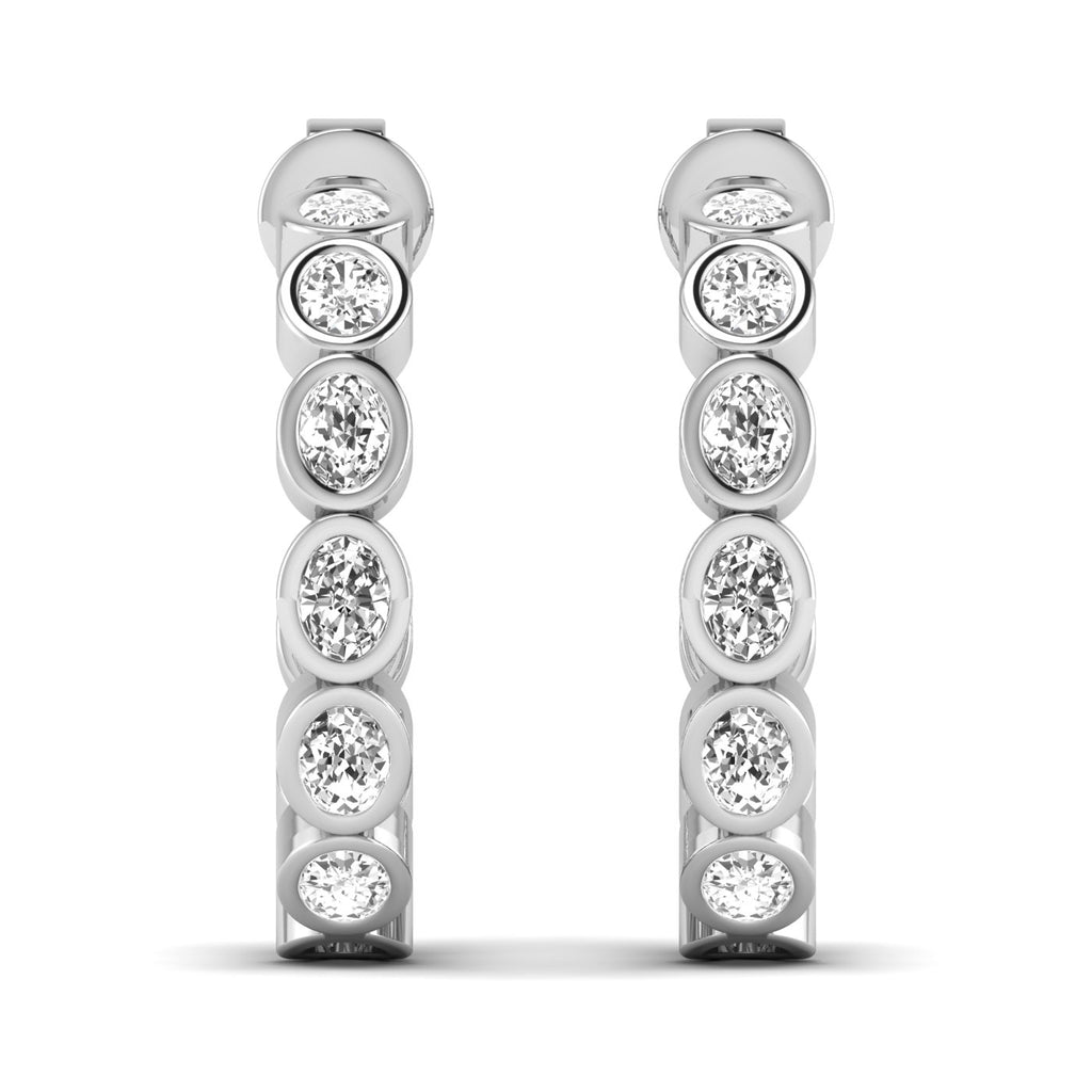 Elegant oval bezel diamond hoop earrings featuring radiant oval diamonds set in sleek bezel settings, offering a modern and sophisticated look | White Gold | Front View