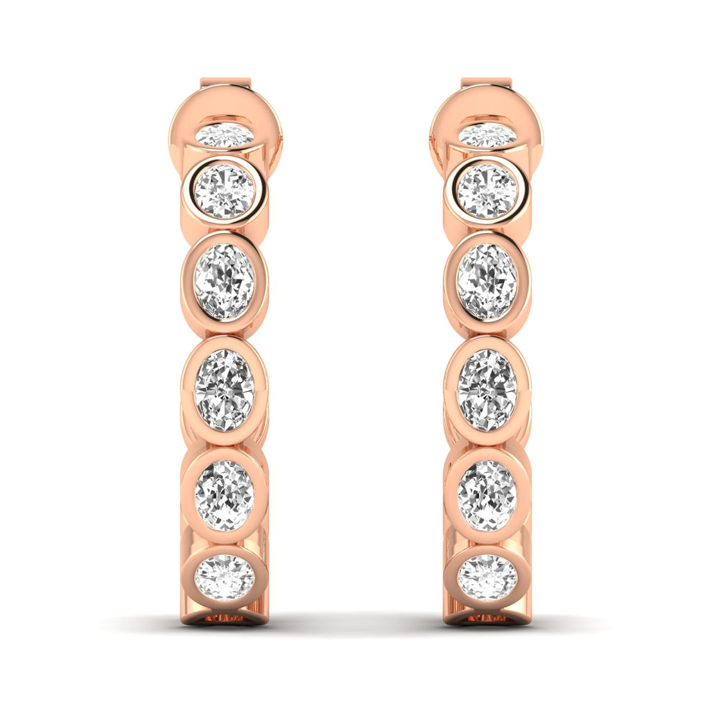 Elegant oval bezel diamond hoop earrings featuring radiant oval diamonds set in sleek bezel settings, offering a modern and sophisticated look | Rose Gold | Front View