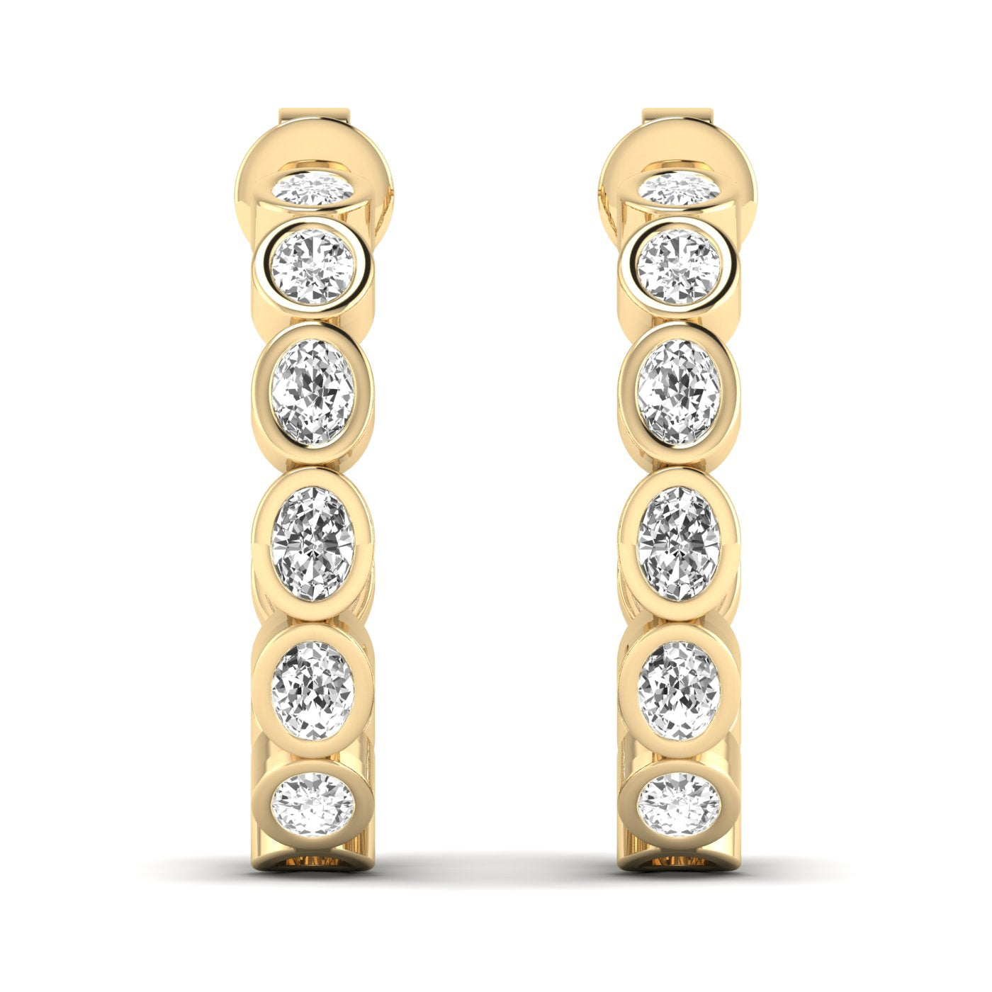 Elegant oval bezel diamond hoop earrings featuring radiant oval diamonds set in sleek bezel settings, offering a modern and sophisticated look | Yellow Gold | Front View