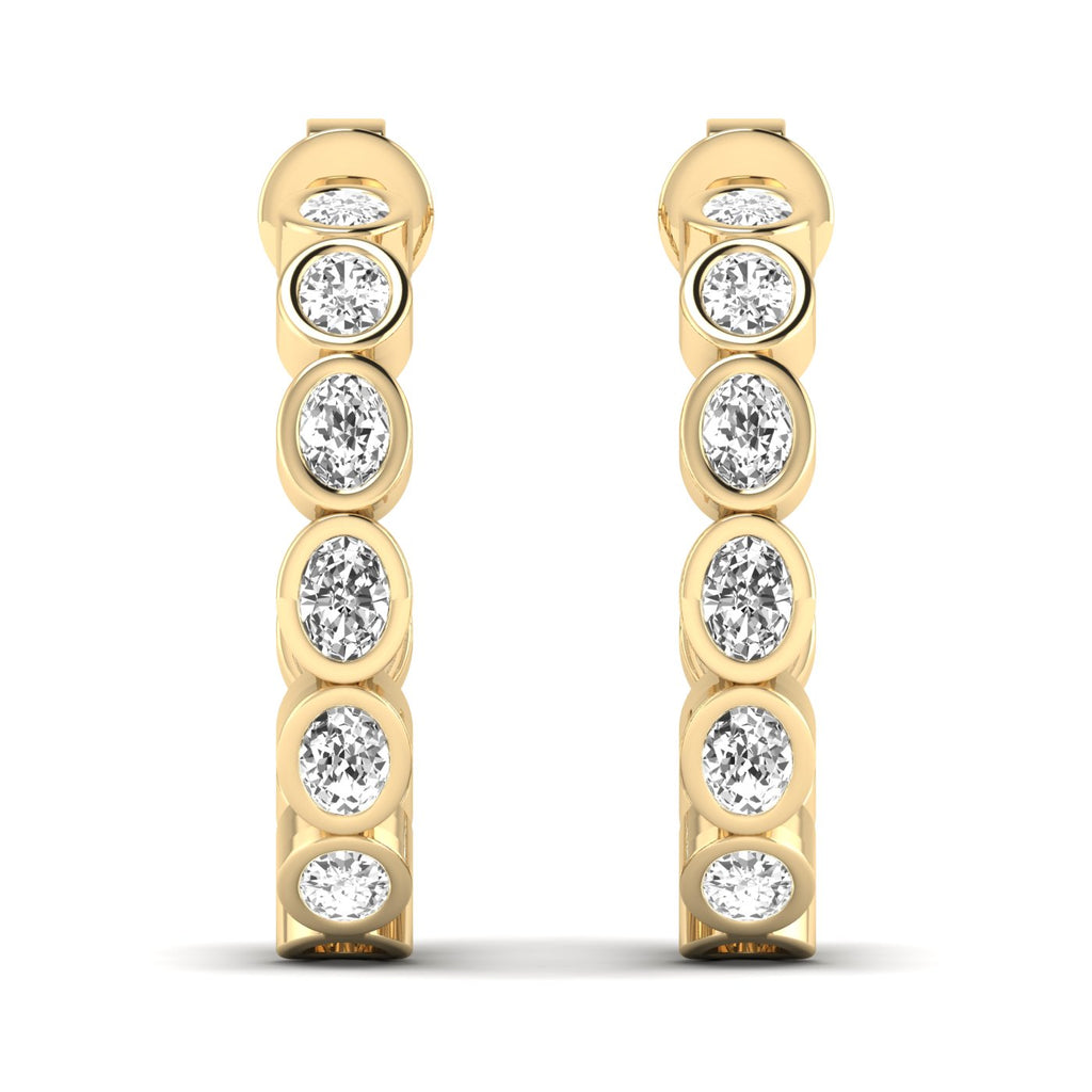 Elegant oval bezel diamond hoop earrings featuring radiant oval diamonds set in sleek bezel settings, offering a modern and sophisticated look | Yellow Gold | Front View