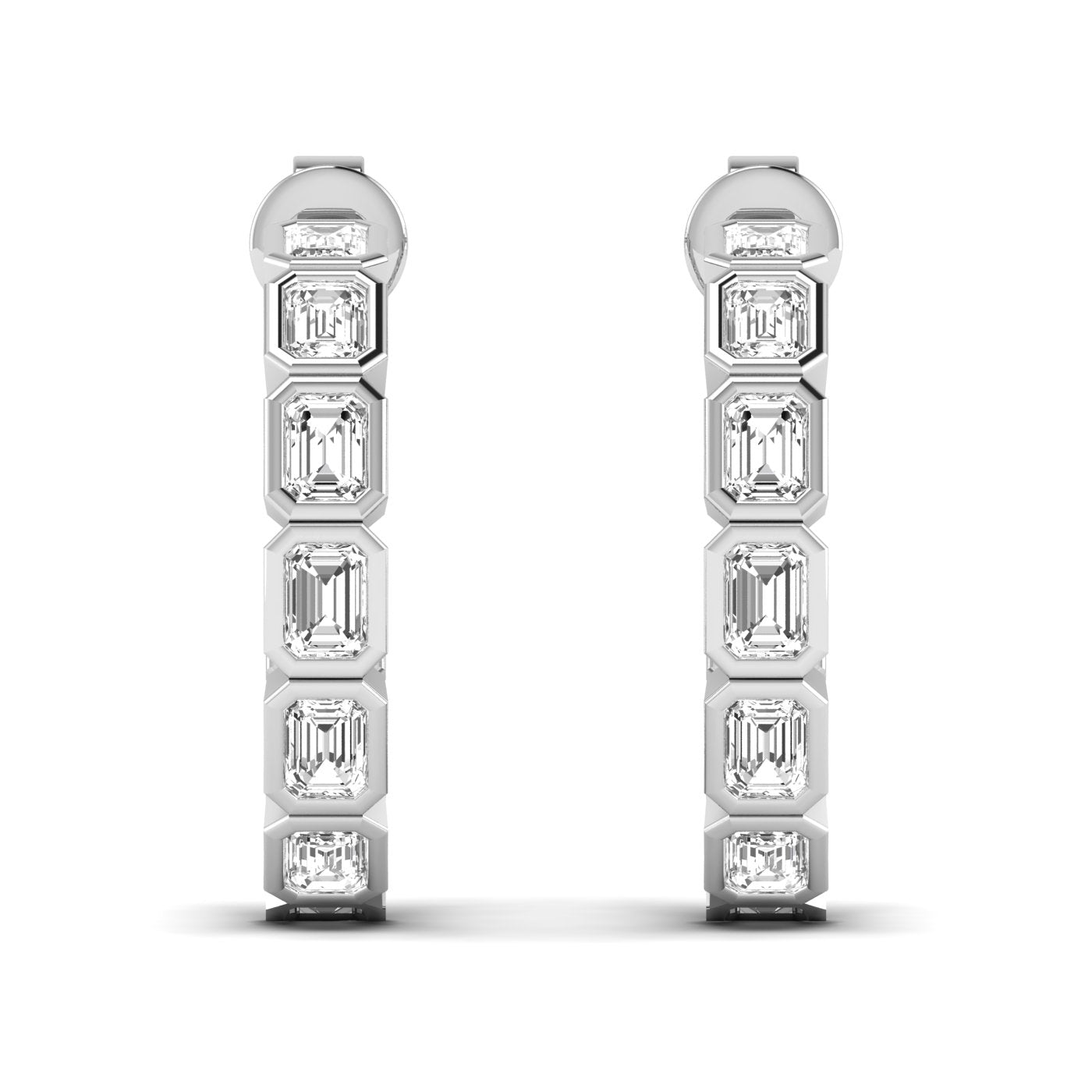 Elegant emerald cut bezel diamond hoop earrings featuring stunning emerald-cut diamonds set in sleek bezel settings, offering a modern and sophisticated design | White Gold | Front View