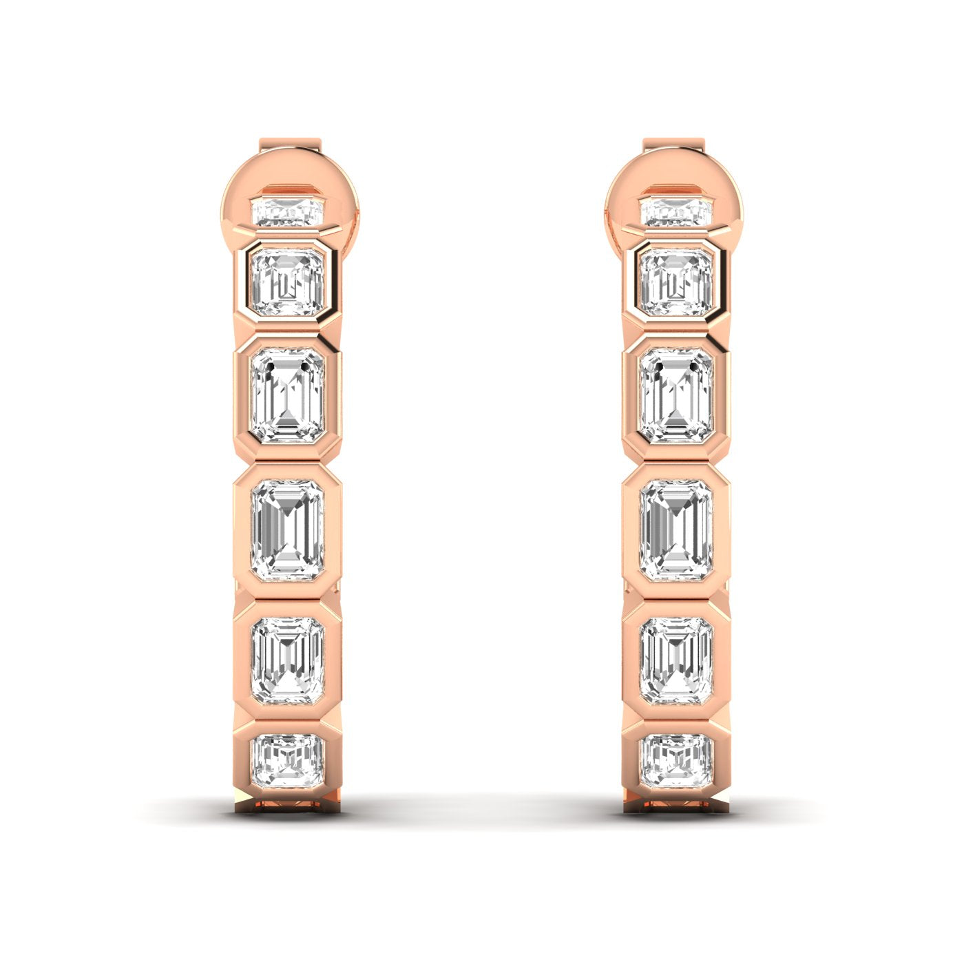 Elegant emerald cut bezel diamond hoop earrings featuring stunning emerald-cut diamonds set in sleek bezel settings, offering a modern and sophisticated design | Rose Gold | Front View