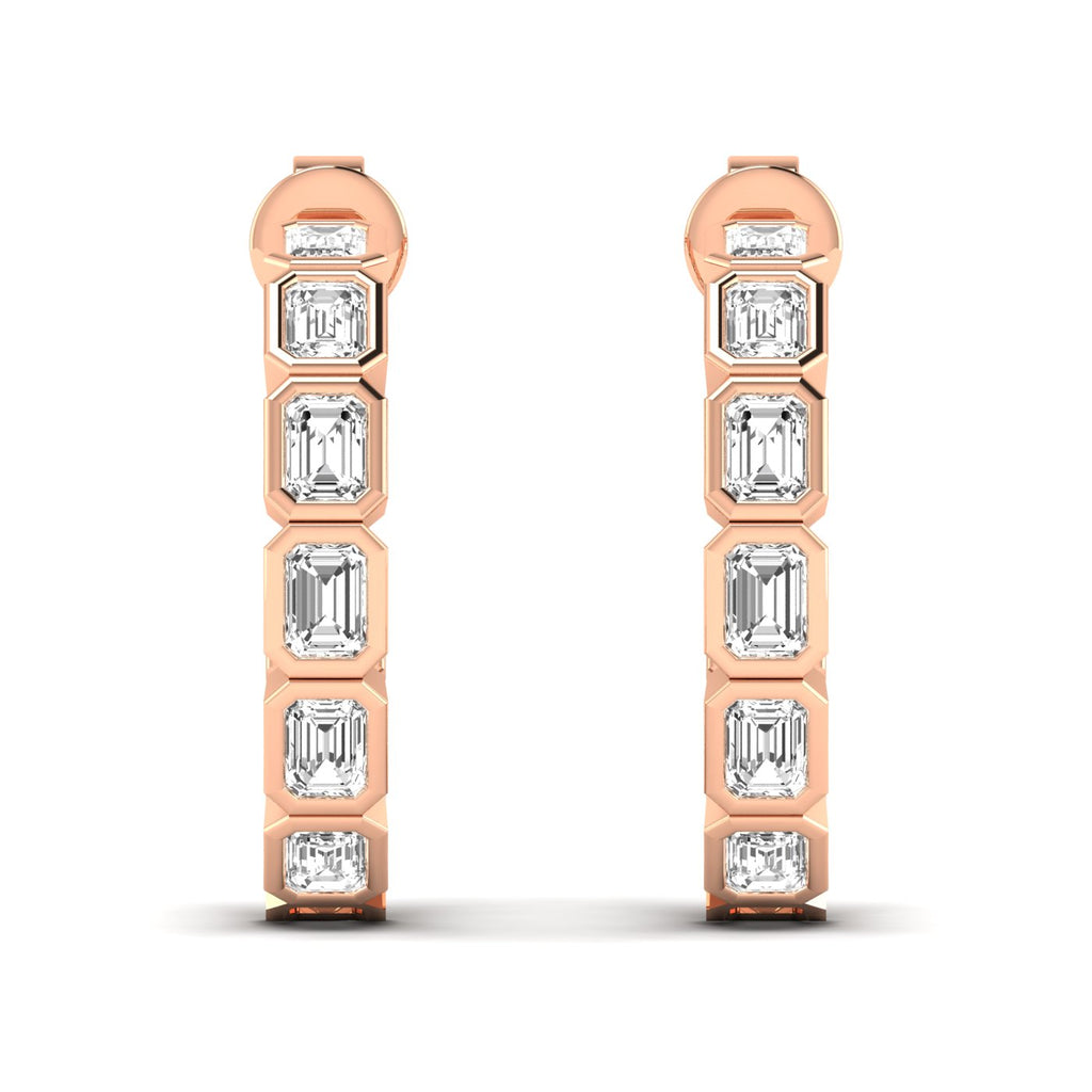 Elegant emerald cut bezel diamond hoop earrings featuring stunning emerald-cut diamonds set in sleek bezel settings, offering a modern and sophisticated design | Rose Gold | Front View