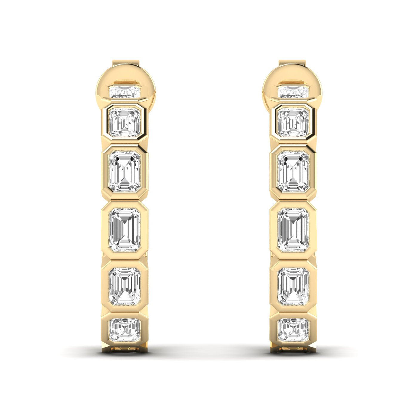 Elegant emerald cut bezel diamond hoop earrings featuring stunning emerald-cut diamonds set in sleek bezel settings, offering a modern and sophisticated design | Yellow Gold | Front View