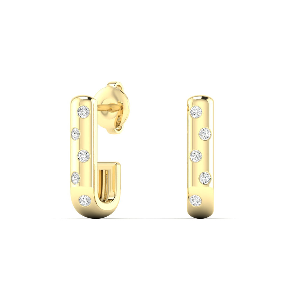 Chic Modern Scattered Diamond Hoops Earrings featuring a unique design with diamonds scattered across the hoop, offering a contemporary and elegant sparkle | Yellow Gold | Front View