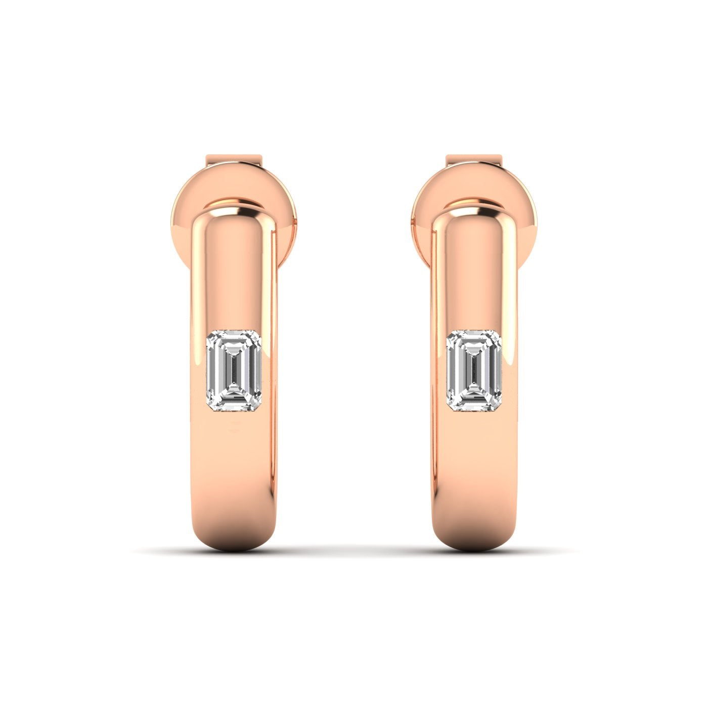 Elegant Emerald Cut Solitaire Hoops Diamond Earrings featuring a stunning emerald-cut diamond in a sleek hoop setting, offering a modern and sophisticated look | Rose Gold | Front View