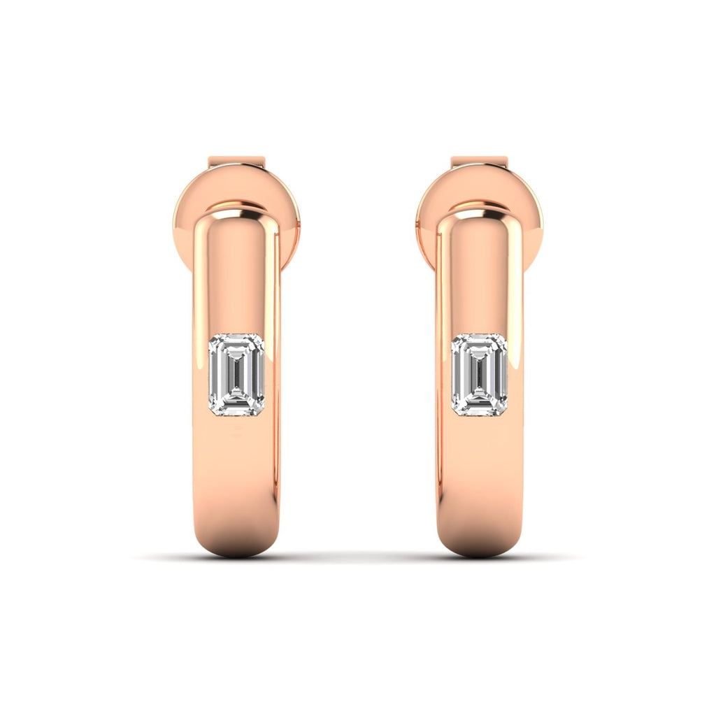 Elegant Emerald Cut Solitaire Hoops Diamond Earrings featuring a stunning emerald-cut diamond in a sleek hoop setting, offering a modern and sophisticated look | Rose Gold | Front View