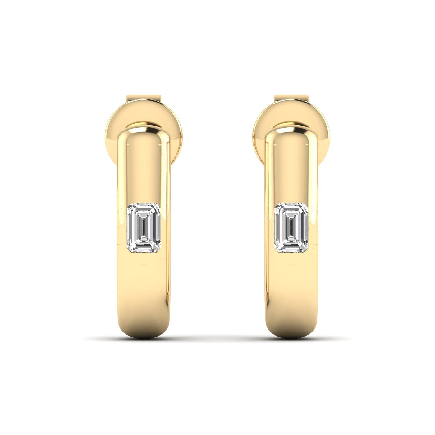 Elegant Emerald Cut Solitaire Hoops Diamond Earrings featuring a stunning emerald-cut diamond in a sleek hoop setting, offering a modern and sophisticated look | Yellow Gold | Front View