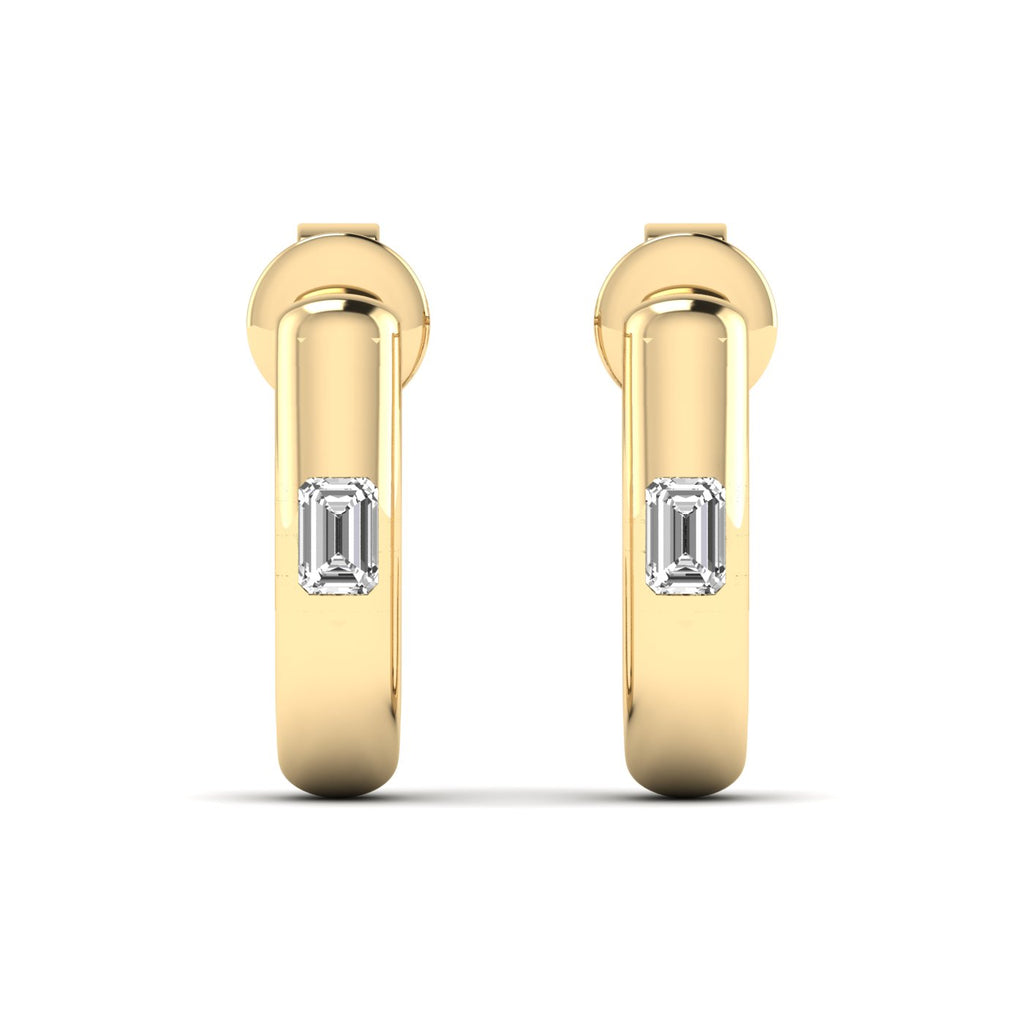 Elegant Emerald Cut Solitaire Hoops Diamond Earrings featuring a stunning emerald-cut diamond in a sleek hoop setting, offering a modern and sophisticated look | Yellow Gold | Front View