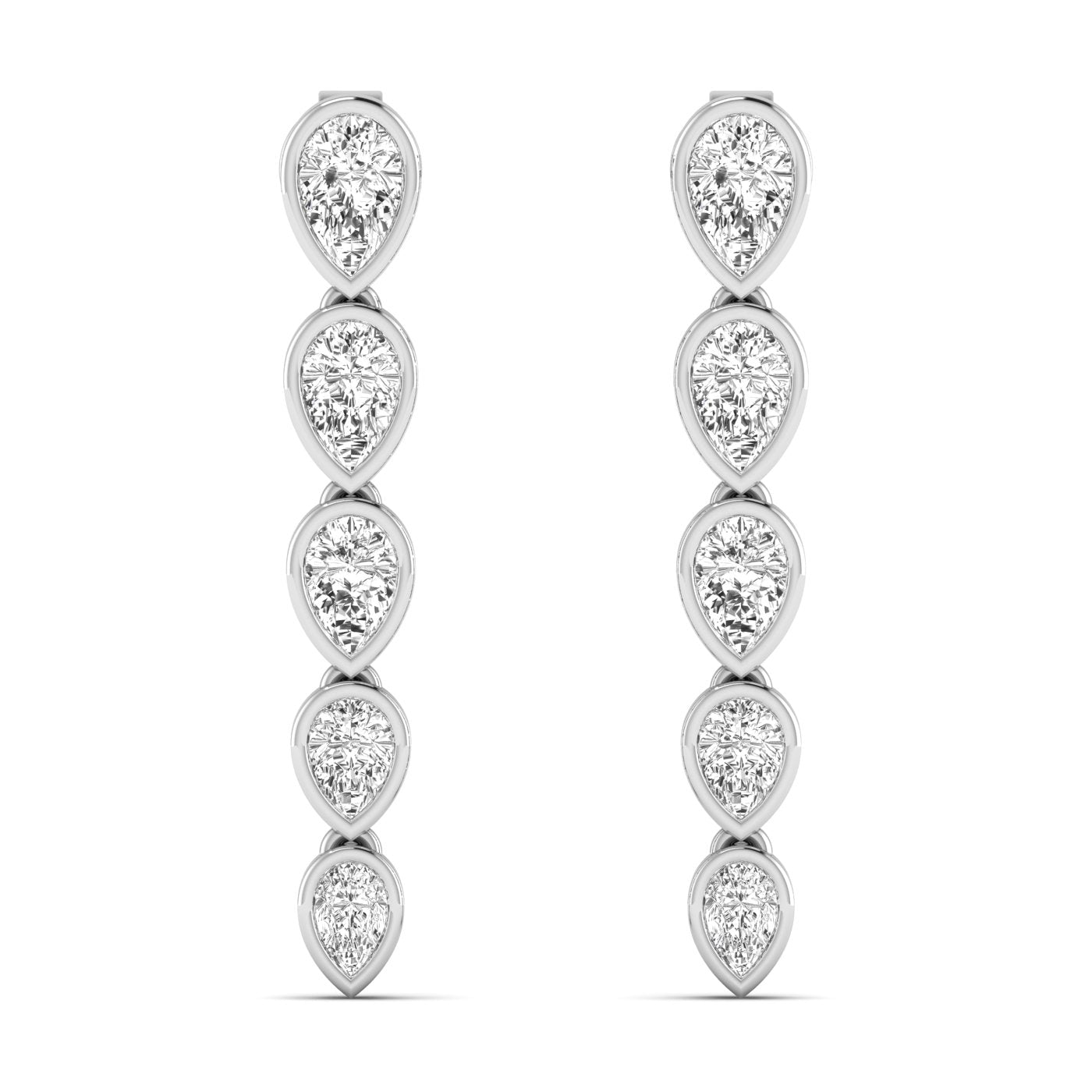 Elegant inverted pear bezel diamond dangle earrings featuring inverted pear-shaped diamonds in sleek bezel settings for a modern, sophisticated look | White Gold | Front View