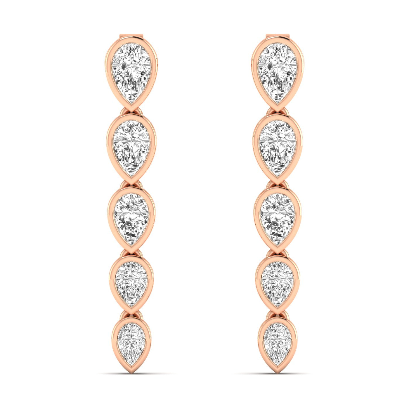 Elegant inverted pear bezel diamond dangle earrings featuring inverted pear-shaped diamonds in sleek bezel settings for a modern, sophisticated look | Rose Gold | Front View