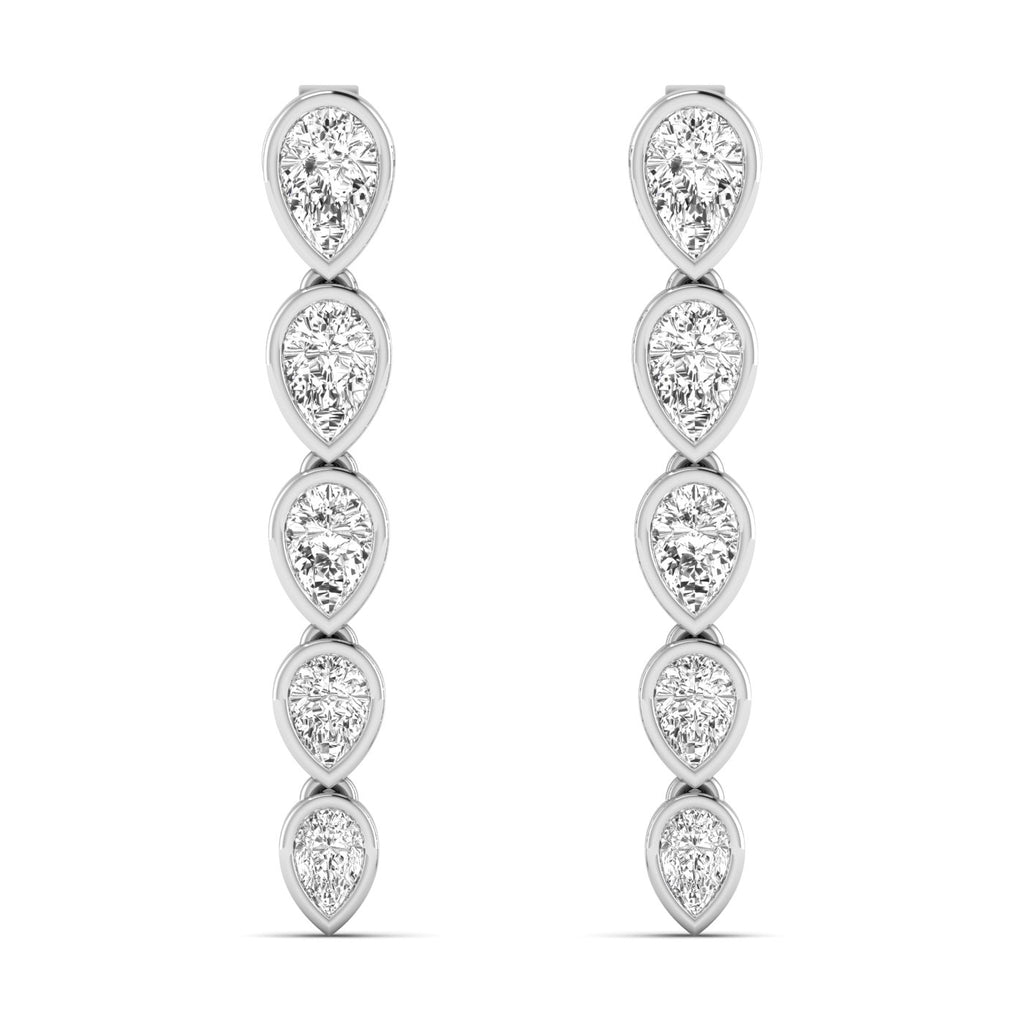 Elegant inverted pear bezel diamond dangle earrings featuring inverted pear-shaped diamonds in sleek bezel settings for a modern, sophisticated look | White Gold | Front View