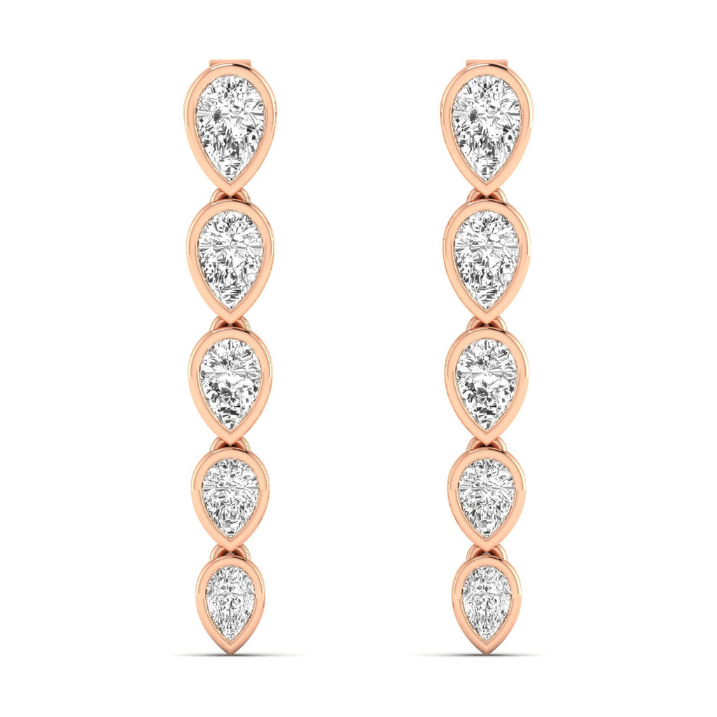 Elegant inverted pear bezel diamond dangle earrings featuring inverted pear-shaped diamonds in sleek bezel settings for a modern, sophisticated look | Rose Gold | Front View