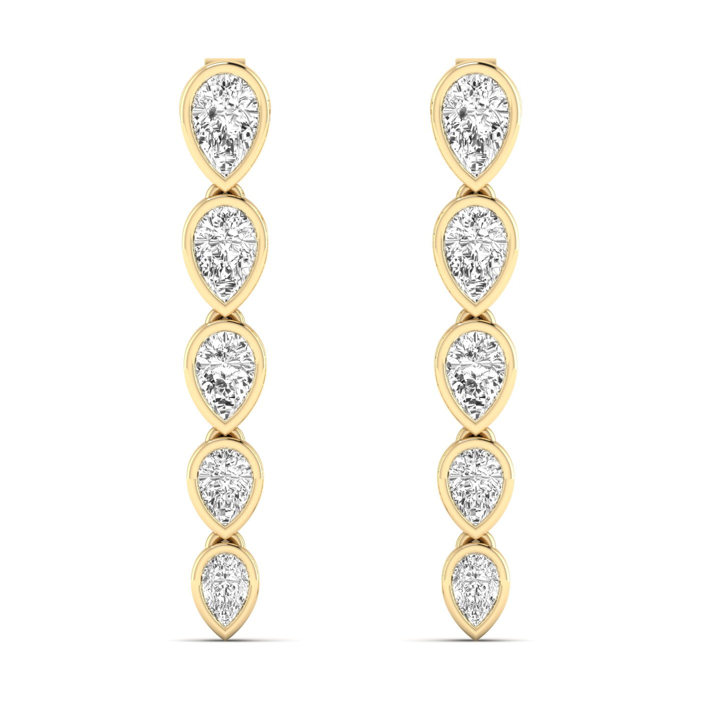 Elegant inverted pear bezel diamond dangle earrings featuring inverted pear-shaped diamonds in sleek bezel settings for a modern, sophisticated look | Yellow Gold | Front View