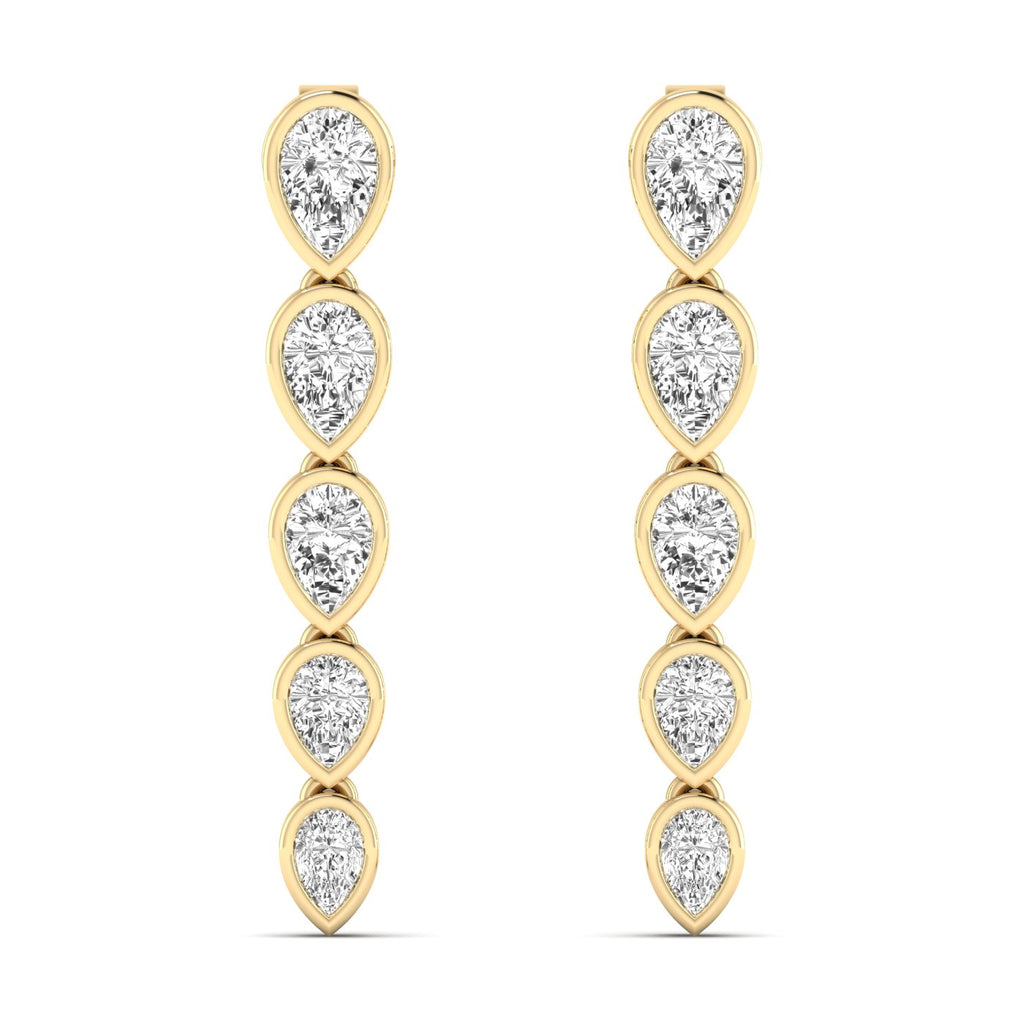 Elegant inverted pear bezel diamond dangle earrings featuring inverted pear-shaped diamonds in sleek bezel settings for a modern, sophisticated look | Yellow Gold | Front View