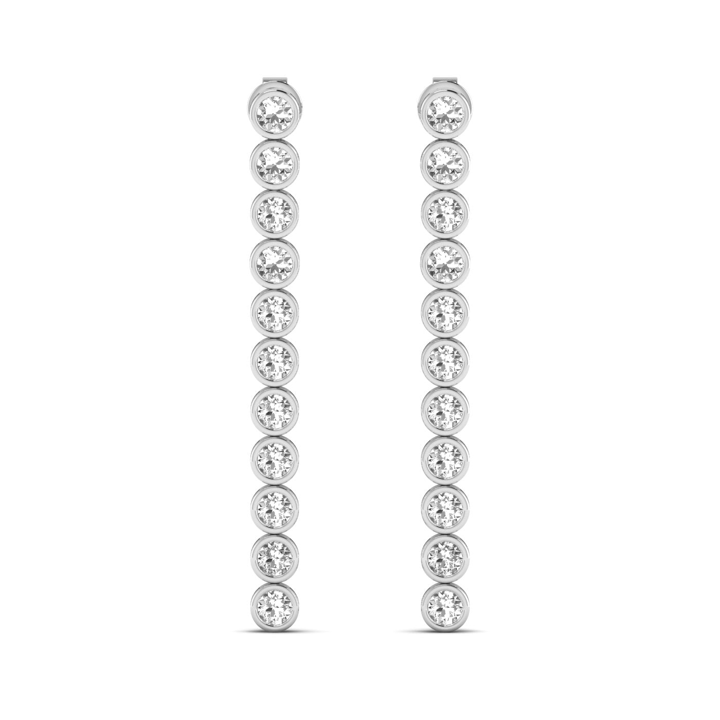 Elegant linear bezel dangle earrings featuring diamonds set in sleek bezel settings, designed for a modern and sophisticated look | White Gold | Front View