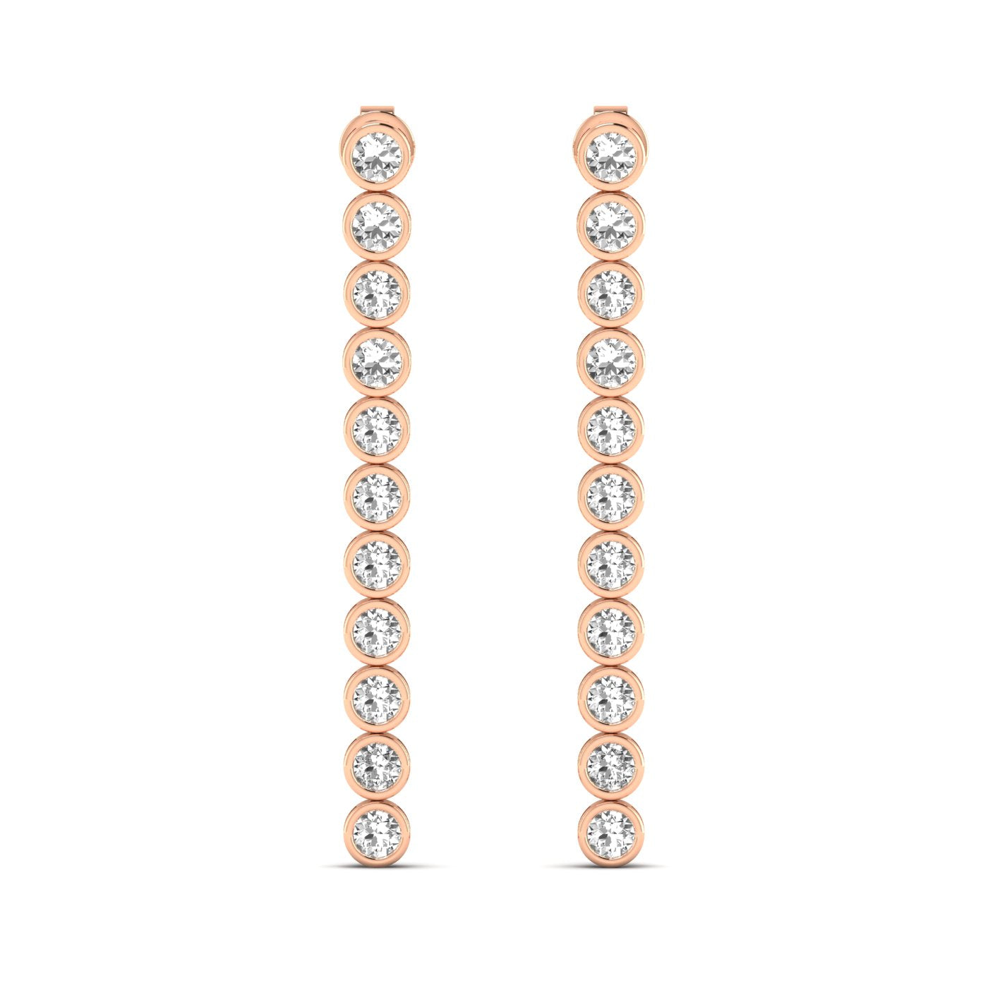 Elegant linear bezel dangle earrings featuring diamonds set in sleek bezel settings, designed for a modern and sophisticated look | Rose Gold | Front View