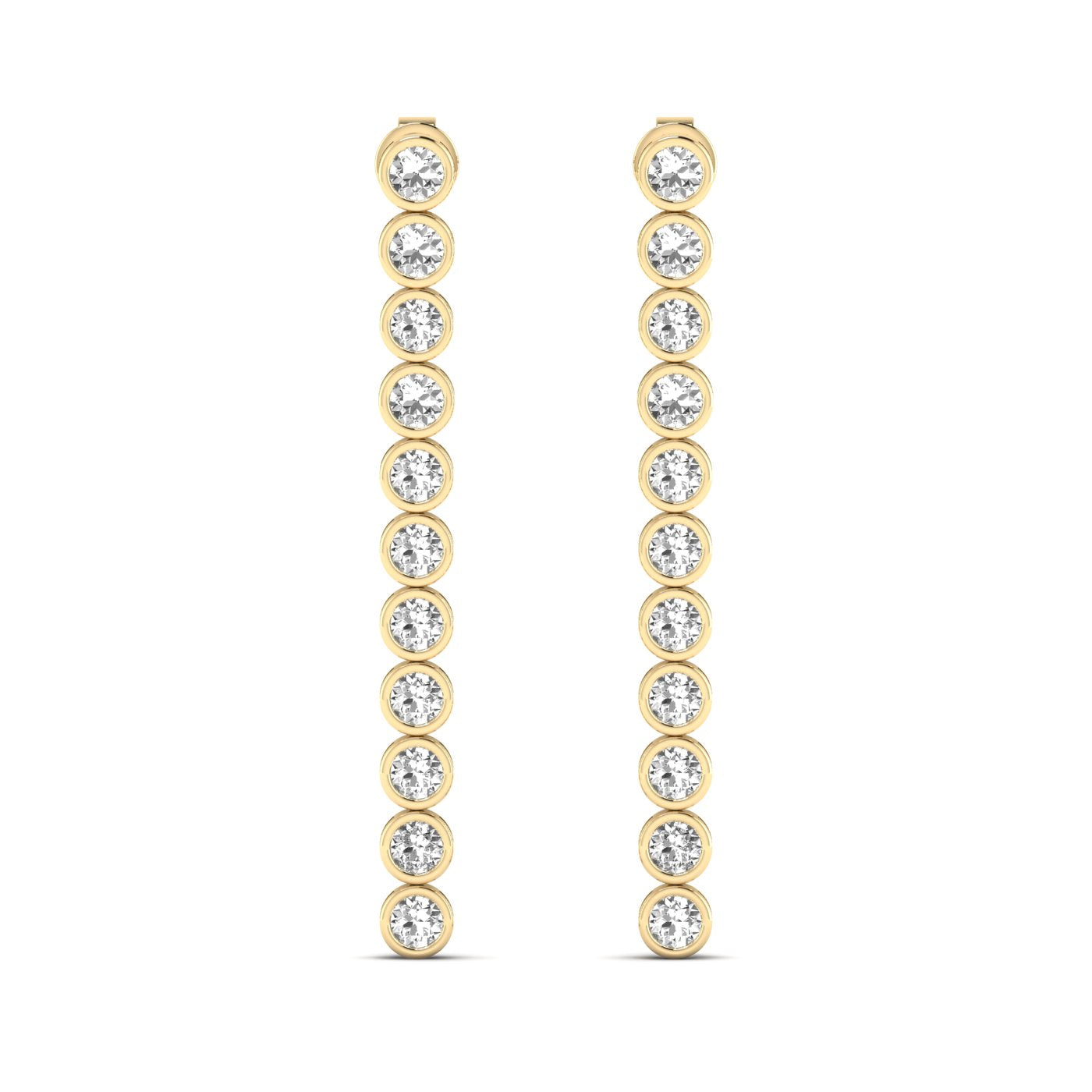 Elegant linear bezel dangle earrings featuring diamonds set in sleek bezel settings, designed for a modern and sophisticated look | Yellow Gold | Front View