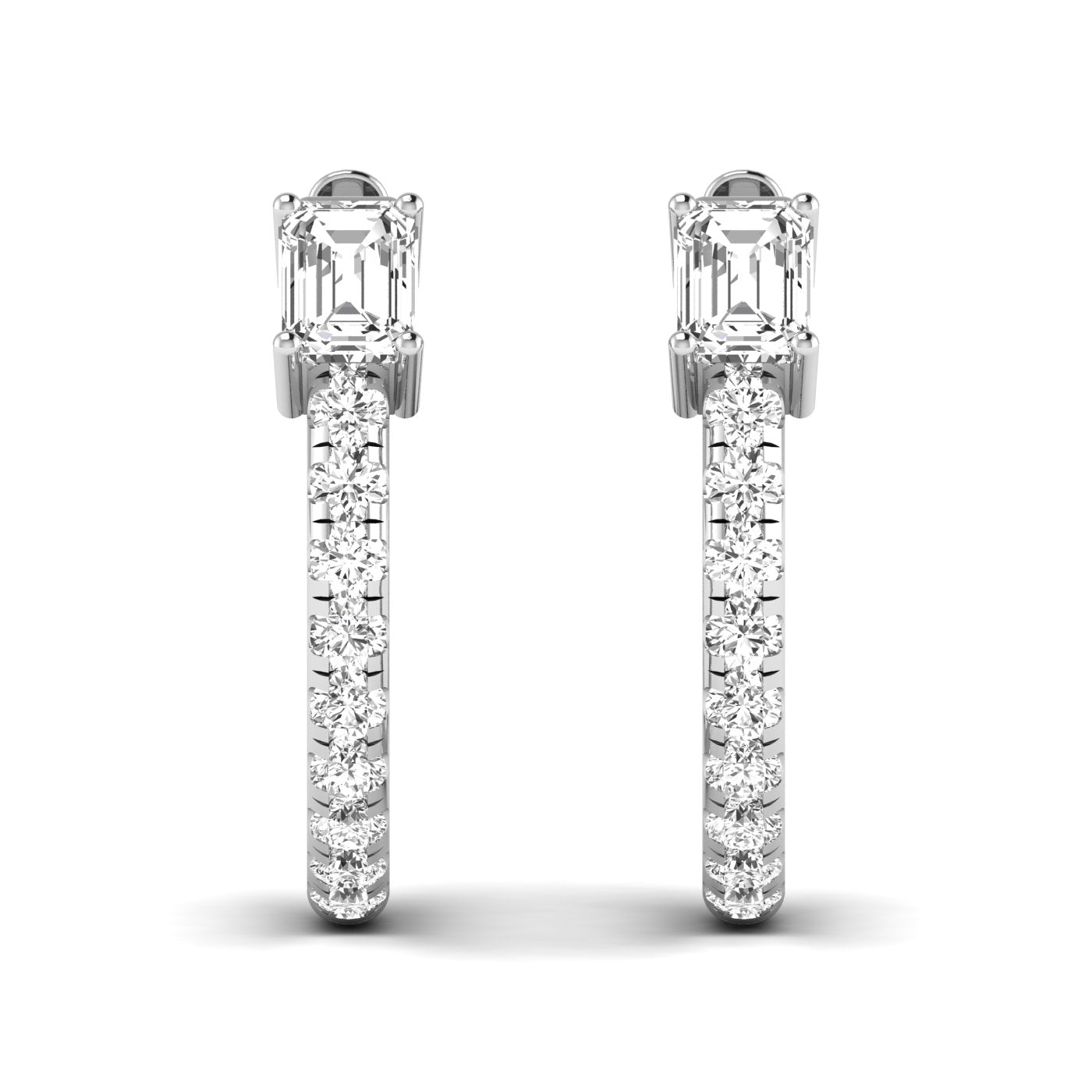 Stunning Emerald Cut and Round Hoops Diamond Earrings featuring a mix of emerald-cut and round diamonds set in a sleek hoop design for a sophisticated look | White Gold | Front View 