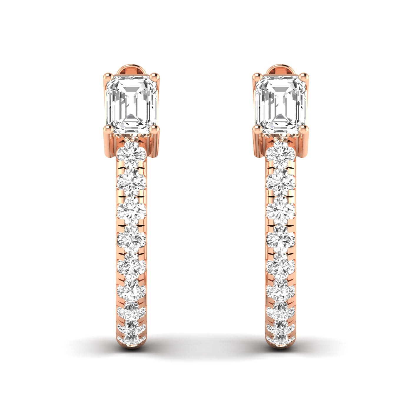 Stunning Emerald Cut and Round Hoops Diamond Earrings featuring a mix of emerald-cut and round diamonds set in a sleek hoop design for a sophisticated look | Rose Gold | Front View