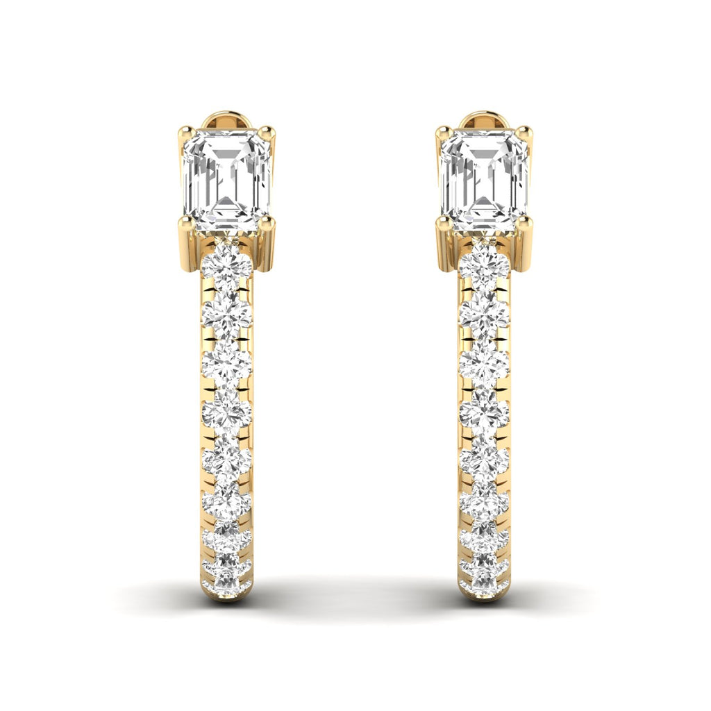 Stunning Emerald Cut and Round Hoops Diamond Earrings featuring a mix of emerald-cut and round diamonds set in a sleek hoop design for a sophisticated look | Yellow Gold | Front View