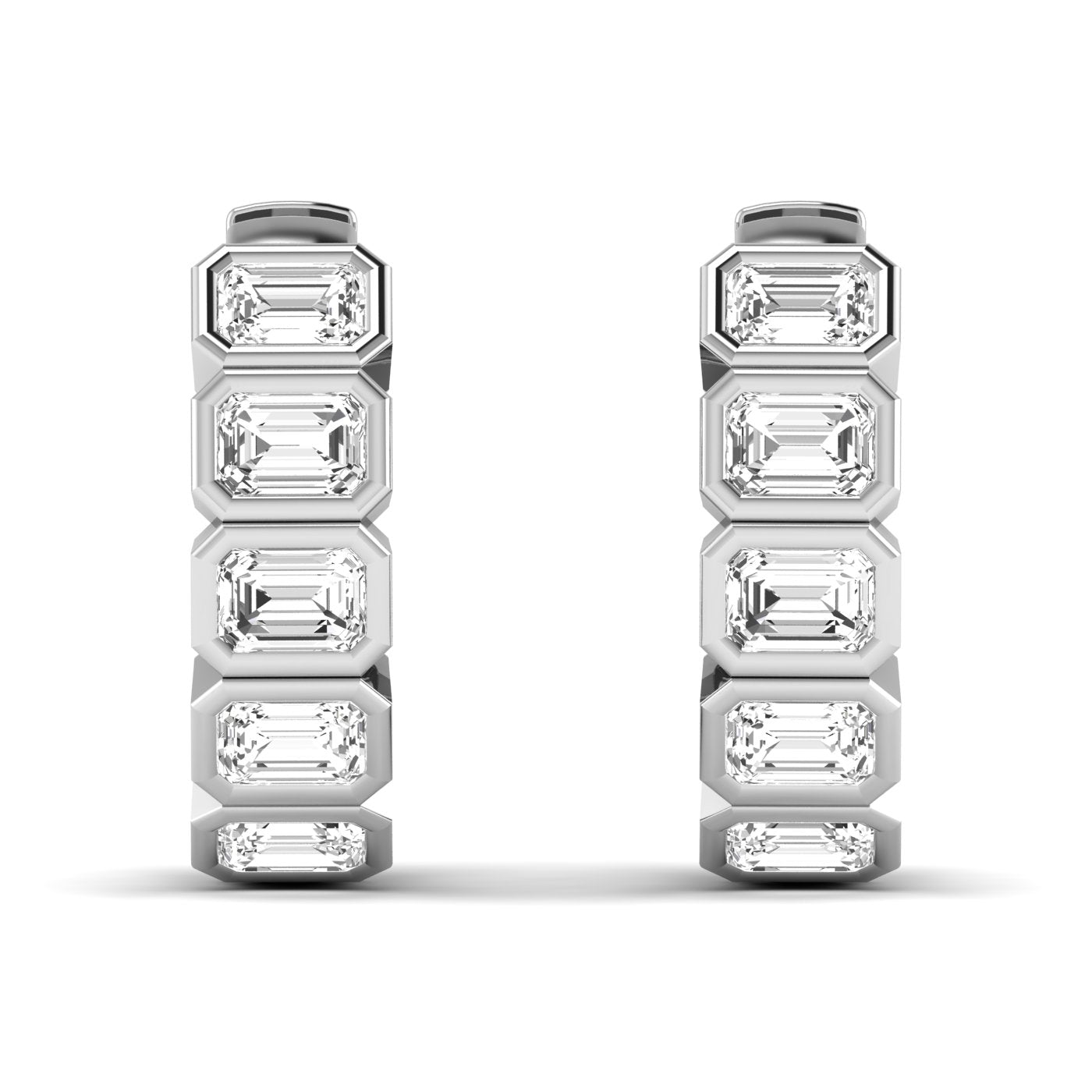 Elegant Emerald Cut Hoops Diamond Earrings featuring radiant emerald-cut diamonds set in a sleek hoop design, offering a timeless and sophisticated look | White Gold | Front View