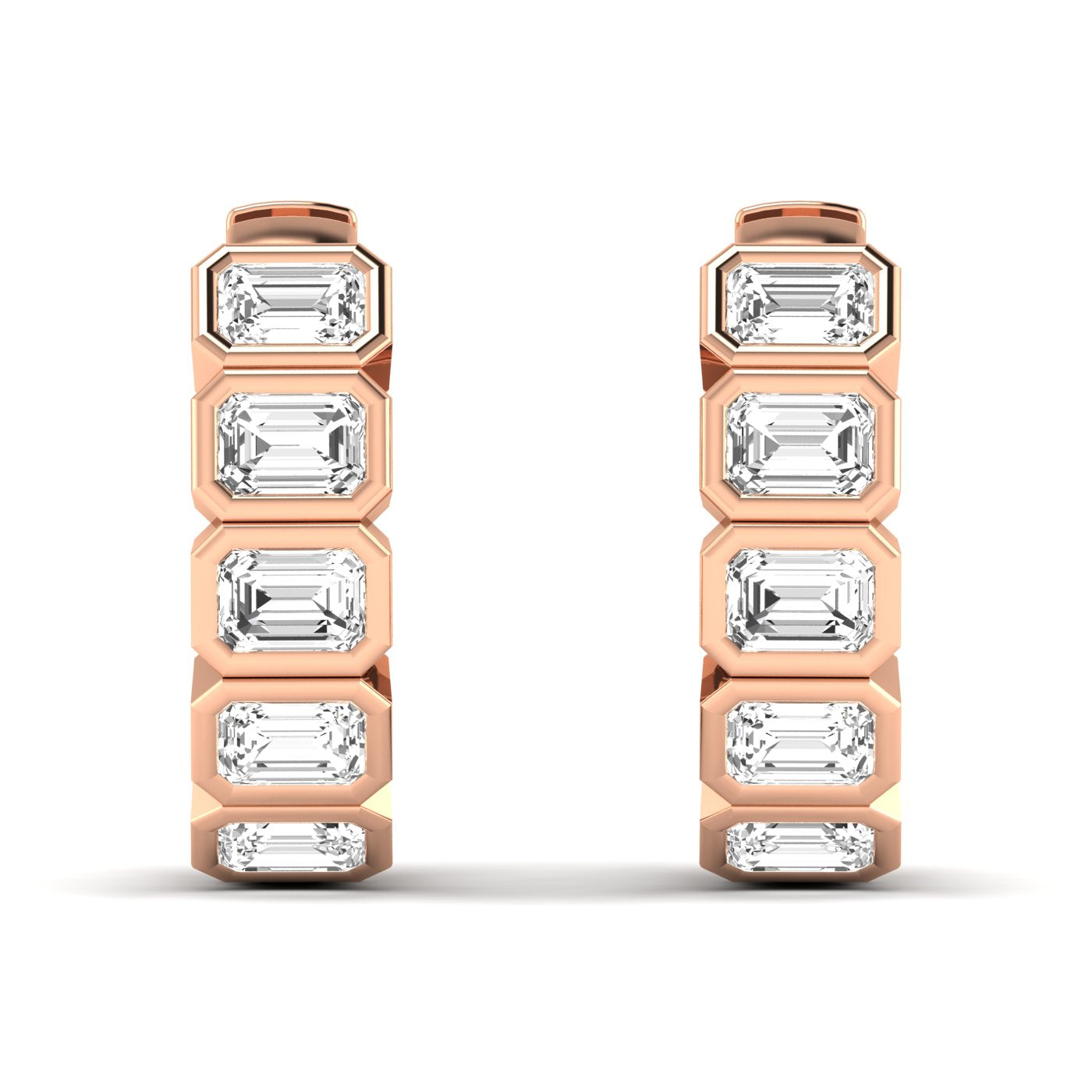 Elegant Emerald Cut Hoops Diamond Earrings featuring radiant emerald-cut diamonds set in a sleek hoop design, offering a timeless and sophisticated look | Rose Gold | Front View