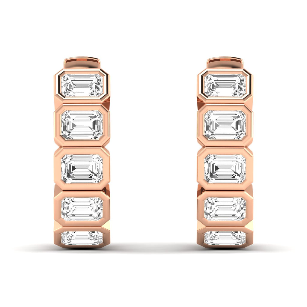 Elegant Emerald Cut Hoops Diamond Earrings featuring radiant emerald-cut diamonds set in a sleek hoop design, offering a timeless and sophisticated look | Rose Gold | Front View