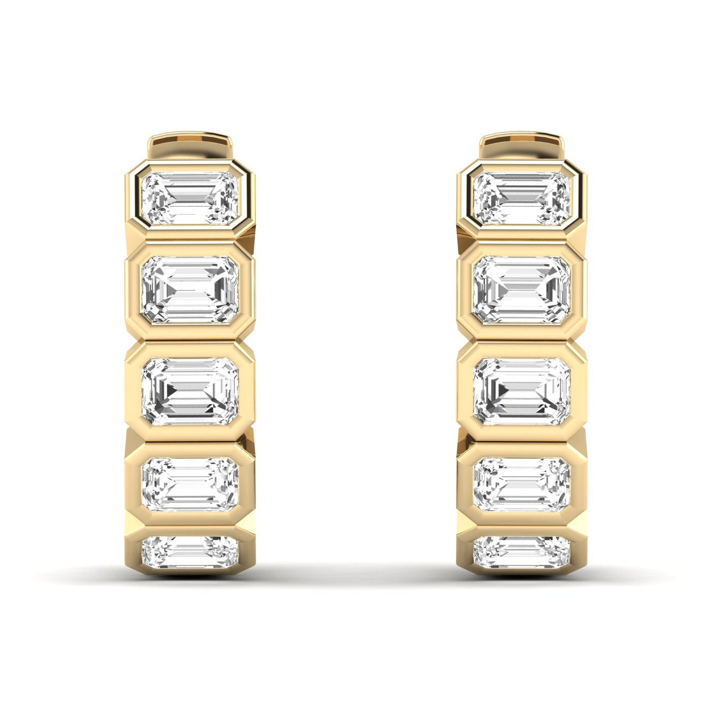 Elegant Emerald Cut Hoops Diamond Earrings featuring radiant emerald-cut diamonds set in a sleek hoop design, offering a timeless and sophisticated look | Yellow Gold | Front View