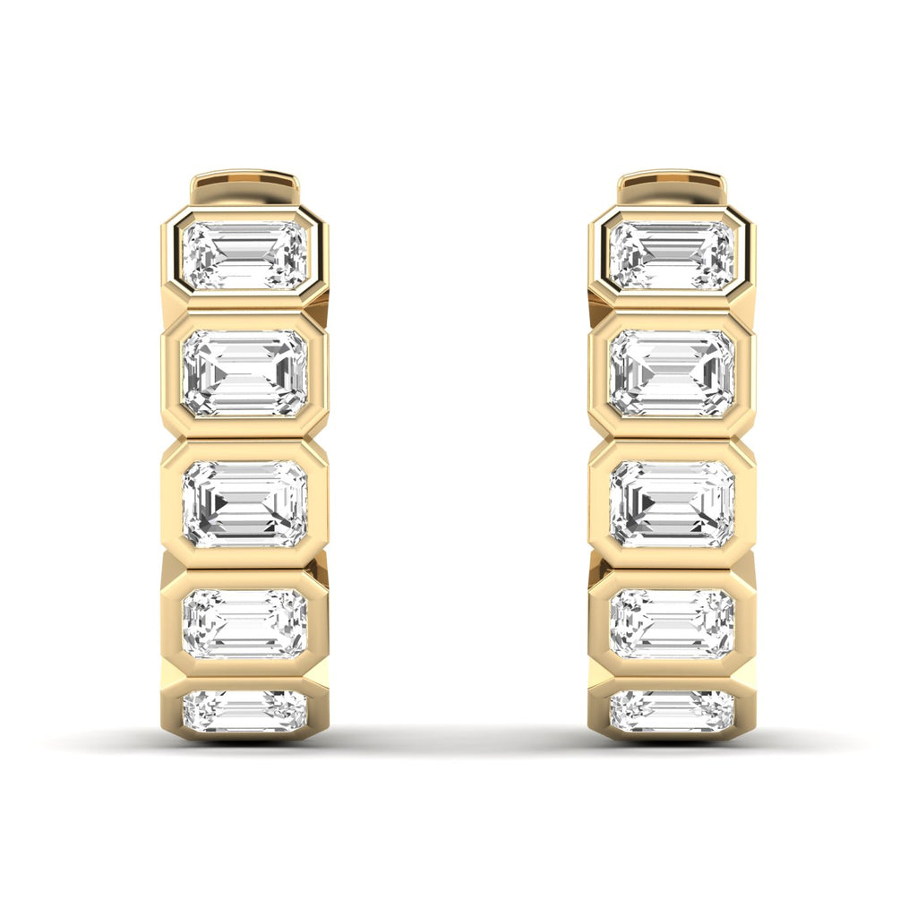 Elegant Emerald Cut Hoops Diamond Earrings featuring radiant emerald-cut diamonds set in a sleek hoop design, offering a timeless and sophisticated look | Yellow Gold | Front View