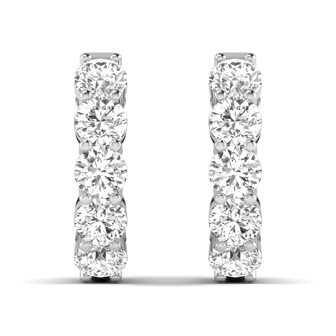 Luxurious round shared prong diamond hoop earrings featuring brilliant round diamonds set in a shared prong design, offering a sophisticated and timeless look | White Gold | Front View