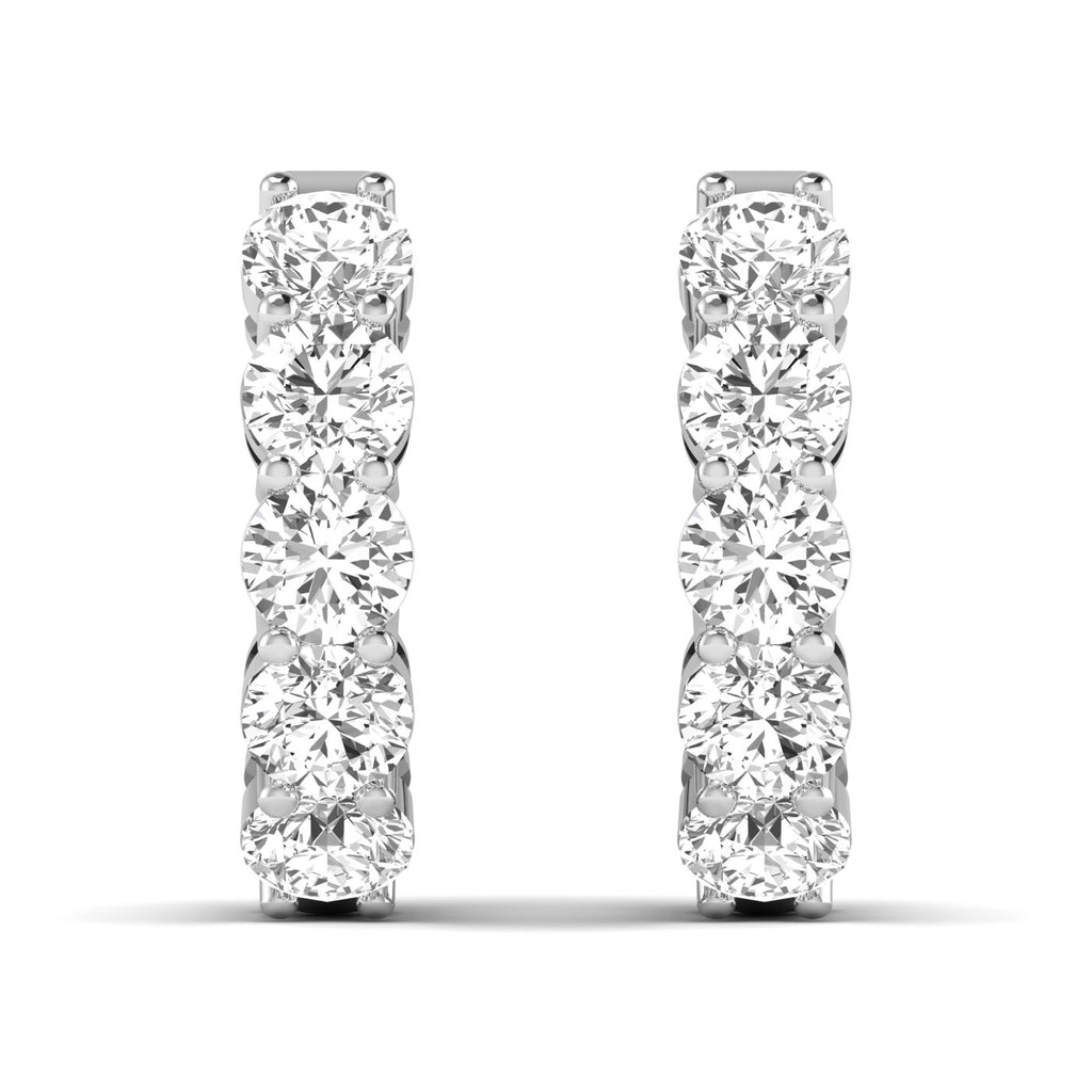 Luxurious round shared prong diamond hoop earrings featuring brilliant round diamonds set in a shared prong design, offering a sophisticated and timeless look | White Gold | Front View