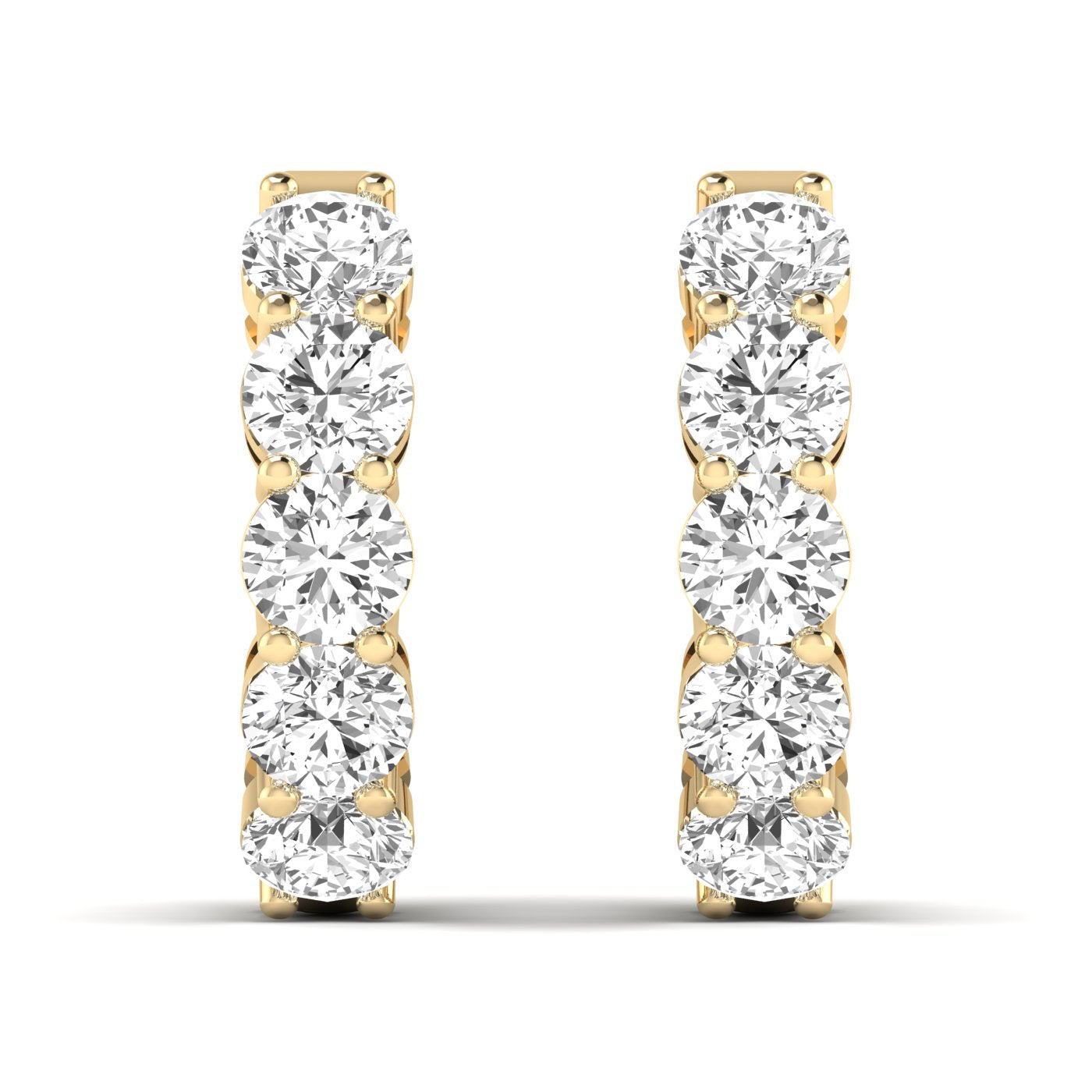 Luxurious round shared prong diamond hoop earrings featuring brilliant round diamonds set in a shared prong design, offering a sophisticated and timeless look | Yellow Gold | Front View