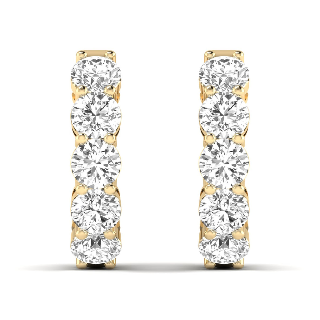 Luxurious round shared prong diamond hoop earrings featuring brilliant round diamonds set in a shared prong design, offering a sophisticated and timeless look | Yellow Gold | Front View