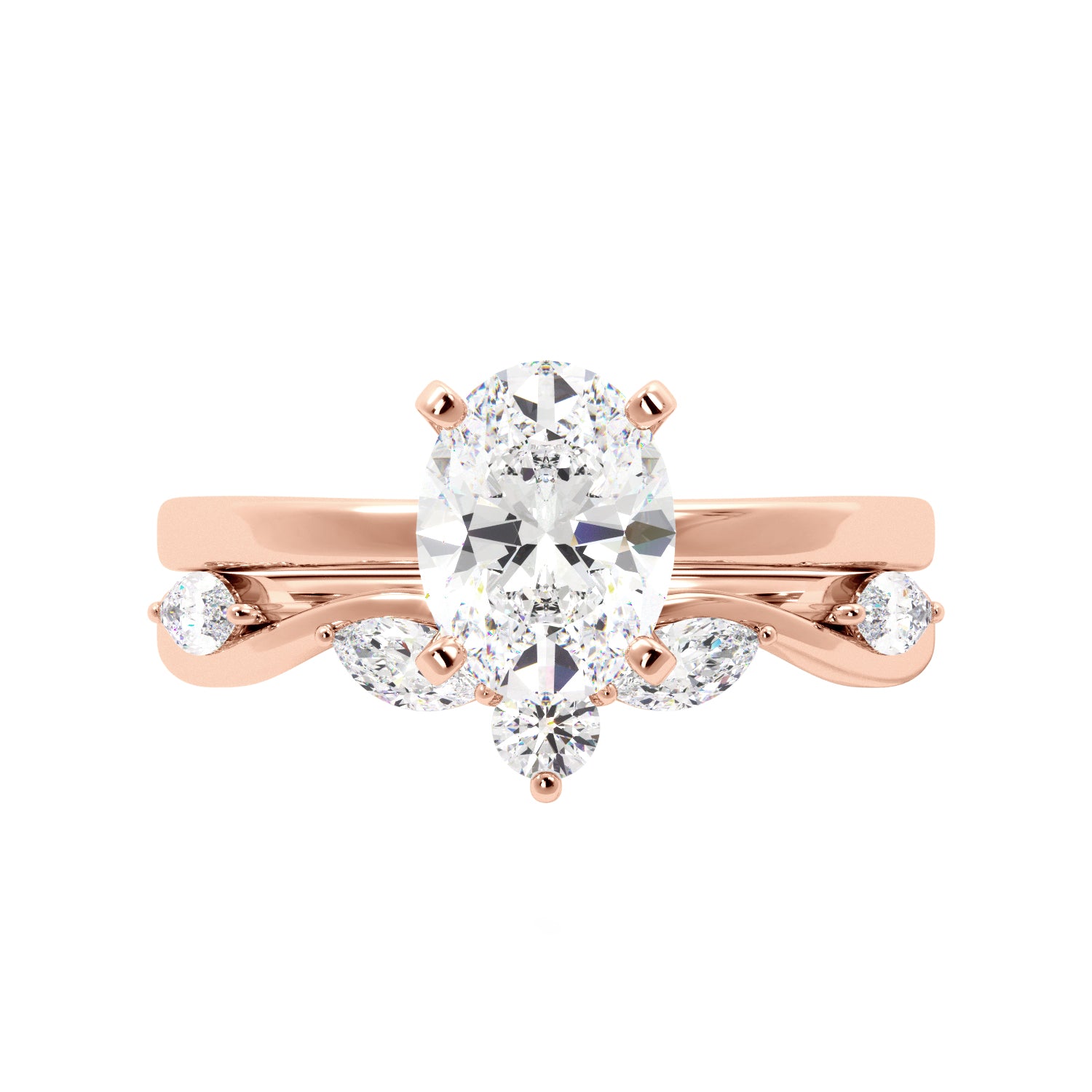 Oval Solitaire Ring Set with Marquise Floral Band