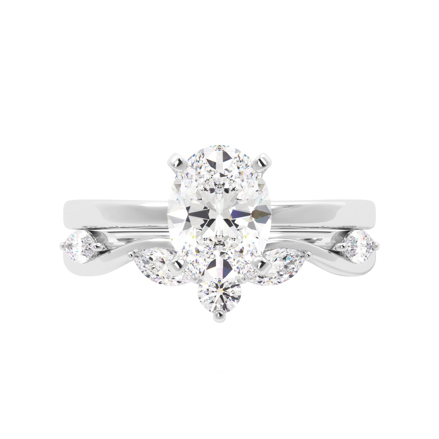 Oval Solitaire Ring Set with Marquise Floral Band