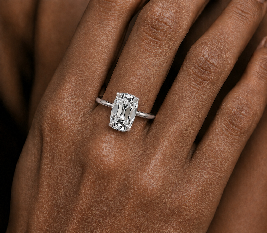 Elongated Cushion Old Mine Cut Diamond Engagement Ring White Gold Hand