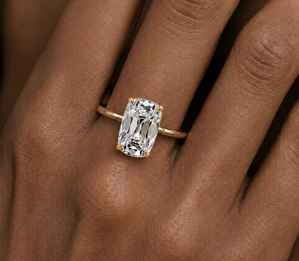 Elongated Cushion Old Mine Cut Diamond Engagement Ring Yellow Gold Hand