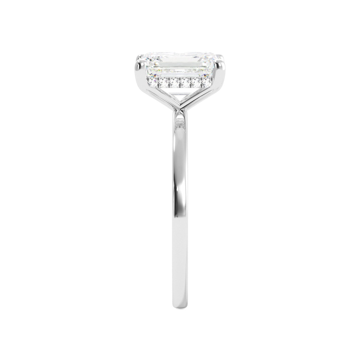 Emerald Cut Diamond Hidden Halo Solitaire Engagement Ring White Gold Side